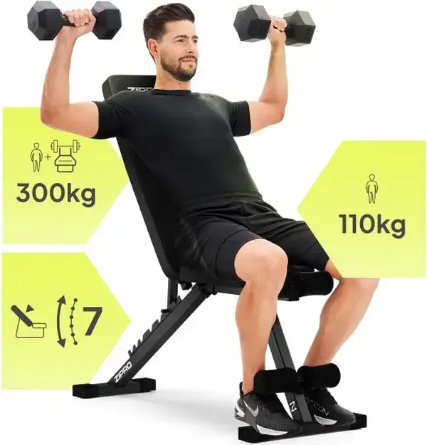 Zipro Stride Weight Bench, Adjustable Incline Decline Steel Frame, 300 kg Total Capacity, 110 kg Max User Weight, Foam Leg Support, Black