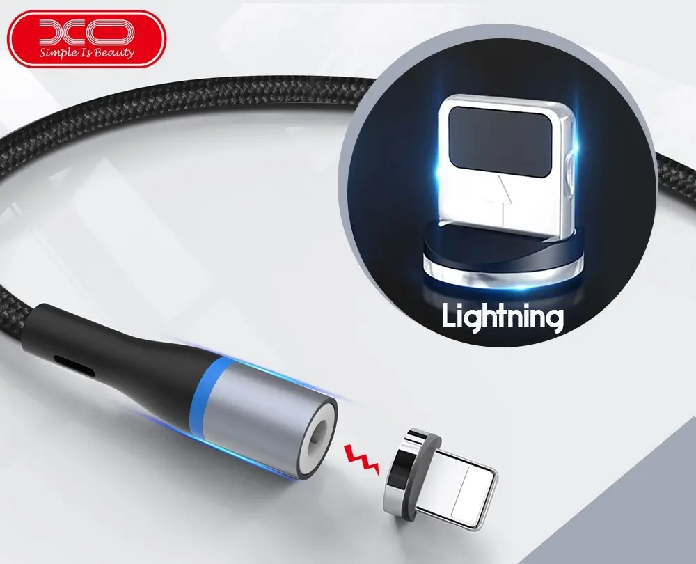 XO NB125 Magnetic Charging and Data Sync Cable, USB Type-A to Lightning, Braided TPE, 1m, Black, with LED Flashlight