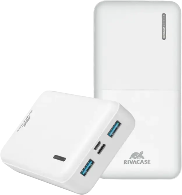 Rivacase VA2572 Power Bank 20000mAh 20W, White, PD 3.0, QC 3.0, USB-C Input/Output, Pass-Through Charging, 74Wh