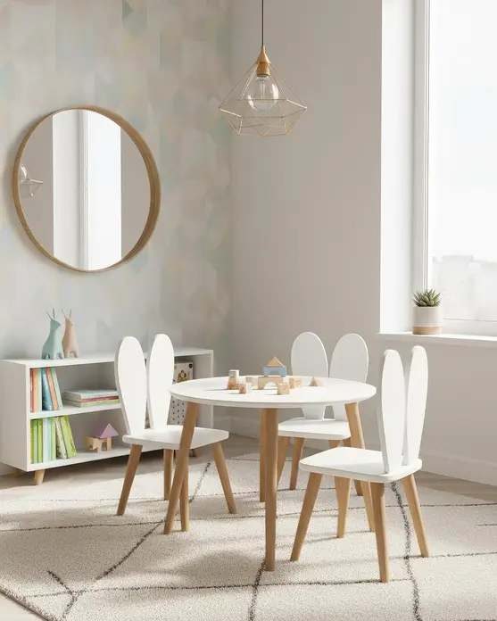 TimberKids Măsuță Rotundă Con pentru Copii și 2 Scaune Iepuraș, Blat MDF 67cm, Picioare Conice din Lemn Masiv, 7-10 ani, Vopsea Eco Sayerlack, Stil Scandinav, Margini Rotunjite