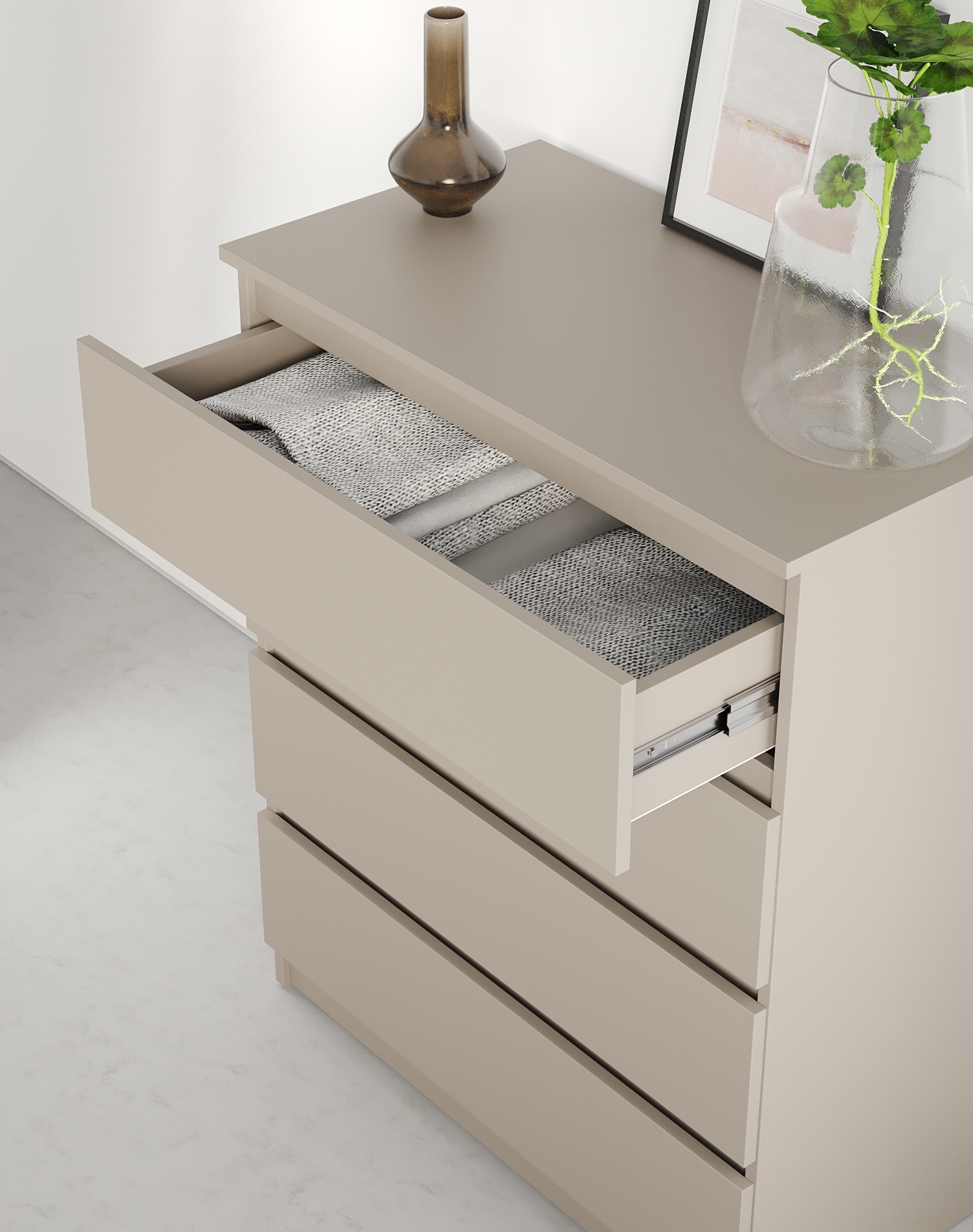 Neo 4S Chest of Drawers, 4 Drawers, Particle Board, Beige, 80x43x98 cm, Telescopic Guides, Handle-less Design, Minimalist Bedroom Furniture