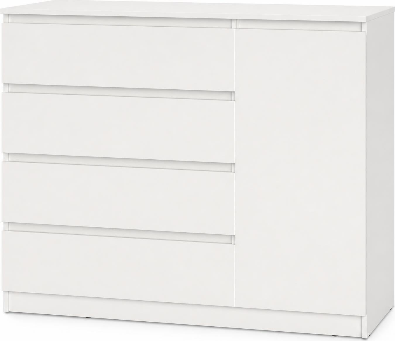 Neo 1D4S Chest of Drawers, 120x43x98 cm, White PAL Material, 4 Drawers and 1 Door, Telescopic Guides, Minimalist Design for Bedroom and Living Room