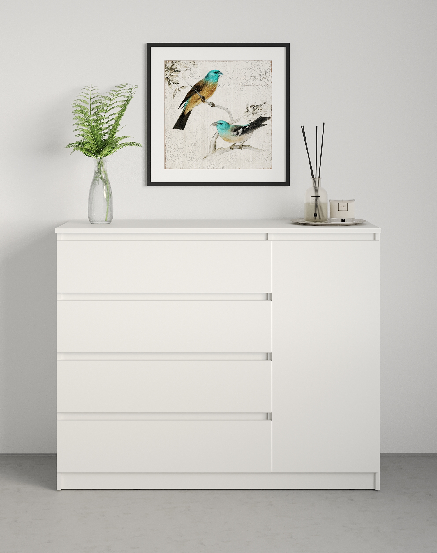 Neo 1D4S Chest of Drawers, 120x43x98 cm, White PAL Material, 4 Drawers and 1 Door, Telescopic Guides, Minimalist Design for Bedroom and Living Room