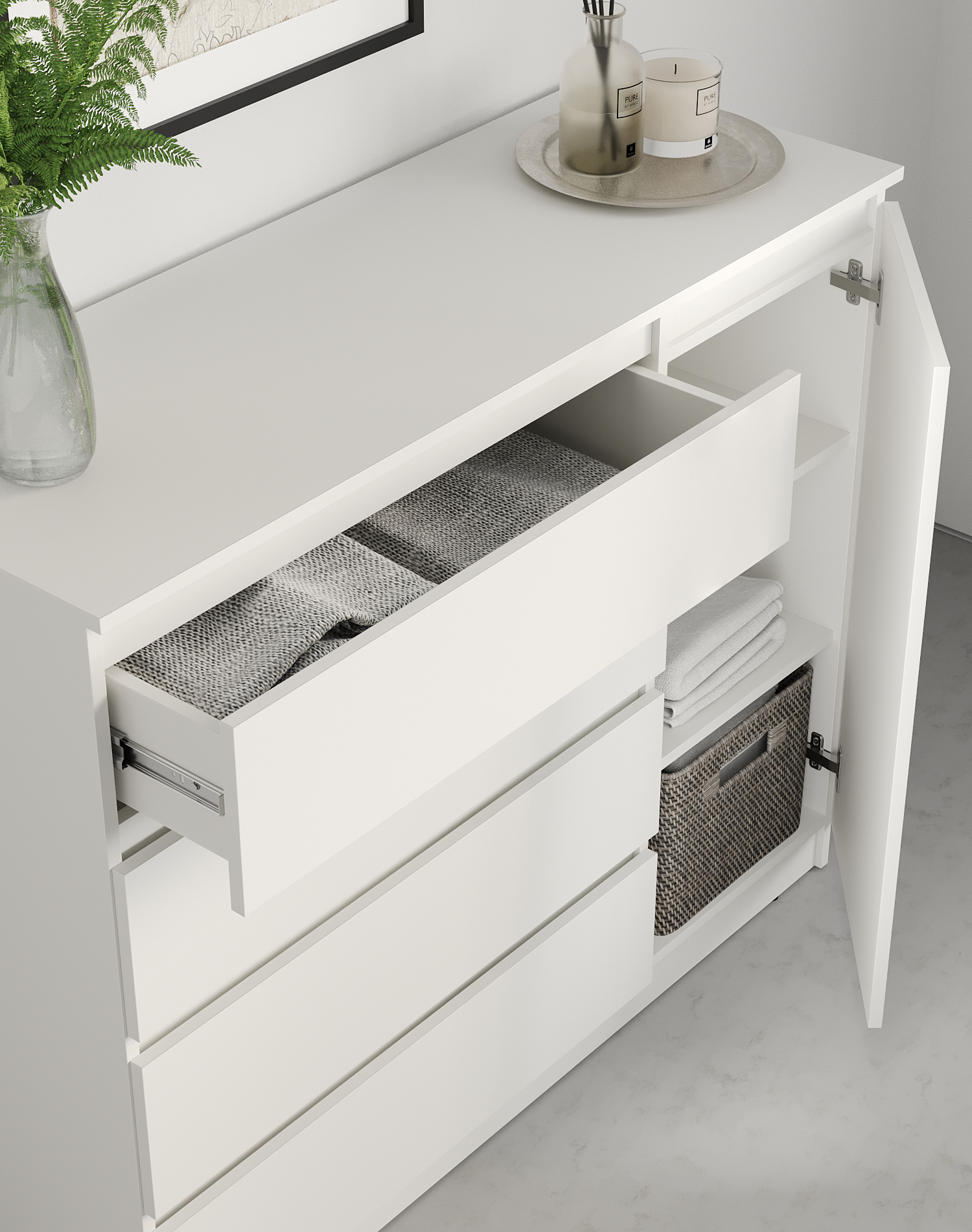 Neo 1D4S Chest of Drawers, 120x43x98 cm, White PAL Material, 4 Drawers and 1 Door, Telescopic Guides, Minimalist Design for Bedroom and Living Room