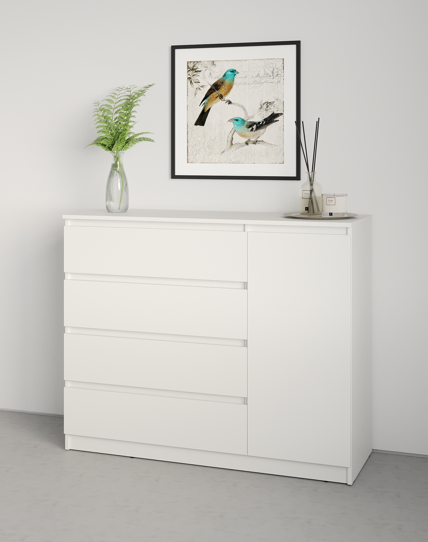 Neo 1D4S Chest of Drawers, 120x43x98 cm, White PAL Material, 4 Drawers and 1 Door, Telescopic Guides, Minimalist Design for Bedroom and Living Room