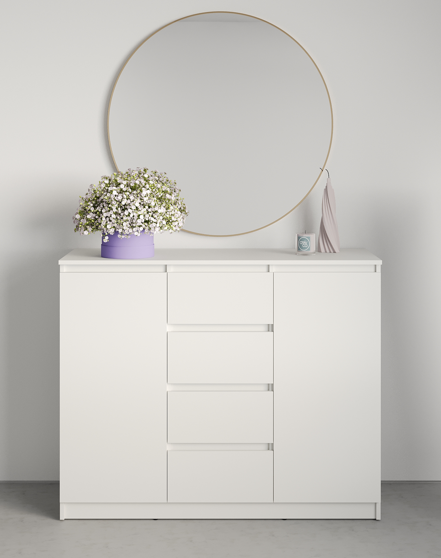 Neo 2D4S Chest of Drawers, 4 Drawers and 2 Doors, White Particle Board, 120x43x98 cm, Telescopic Guides, Minimalist Bedroom and Living Room Furniture