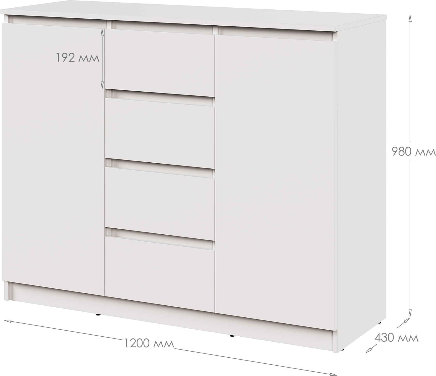 Neo 2D4S Chest of Drawers, 4 Drawers and 2 Doors, White Particle Board, 120x43x98 cm, Telescopic Guides, Minimalist Bedroom and Living Room Furniture