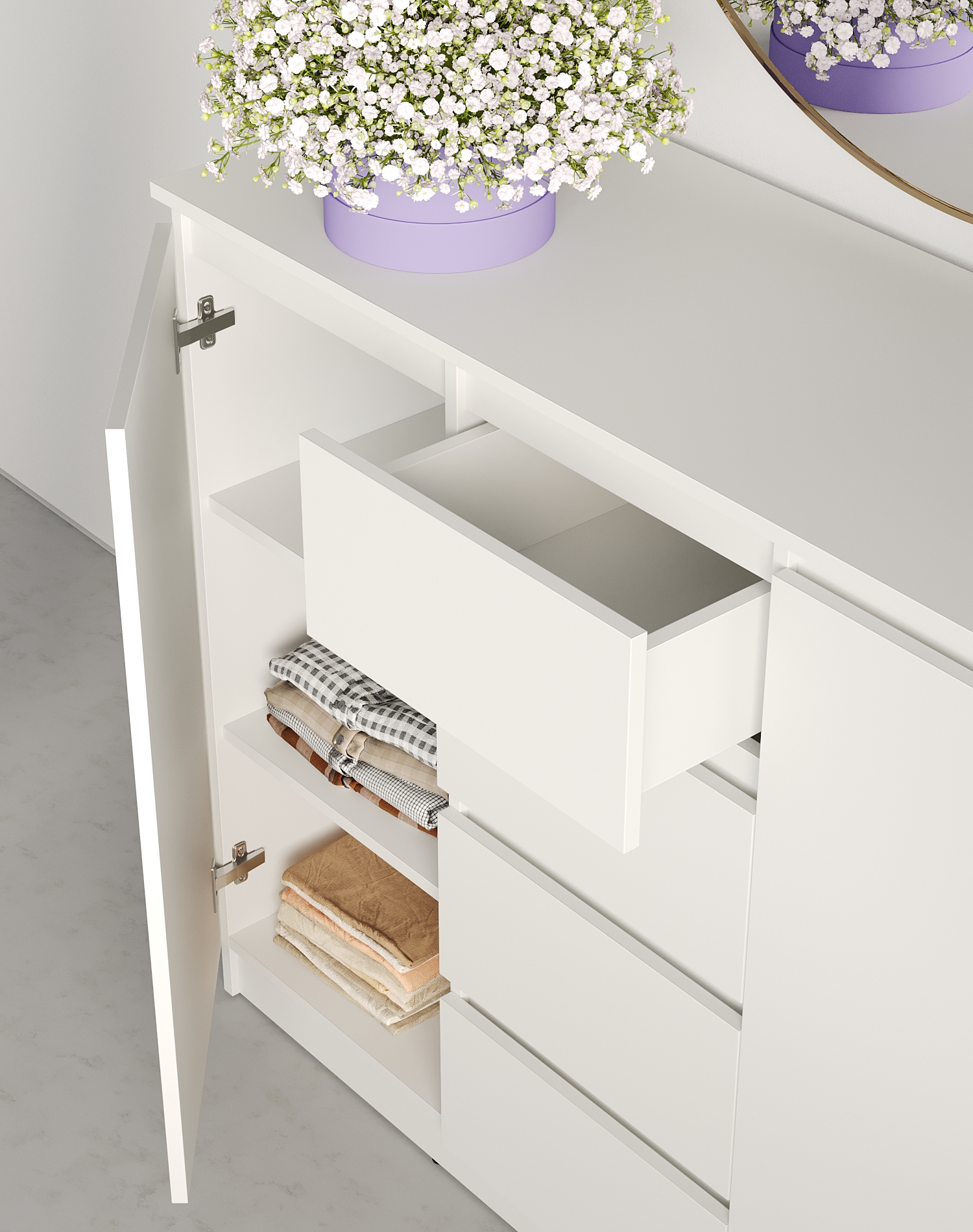 Neo 2D4S Chest of Drawers, 4 Drawers and 2 Doors, White Particle Board, 120x43x98 cm, Telescopic Guides, Minimalist Bedroom and Living Room Furniture