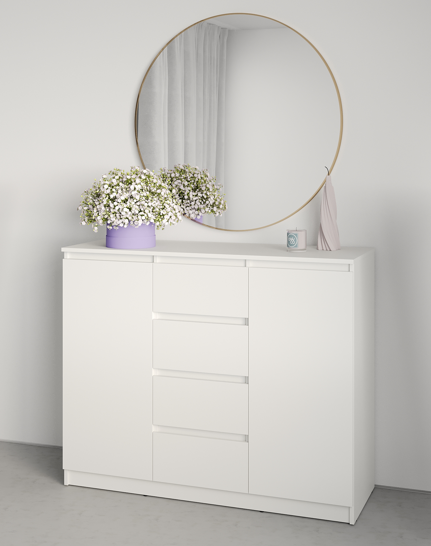 Neo 2D4S Chest of Drawers, 4 Drawers and 2 Doors, White Particle Board, 120x43x98 cm, Telescopic Guides, Minimalist Bedroom and Living Room Furniture