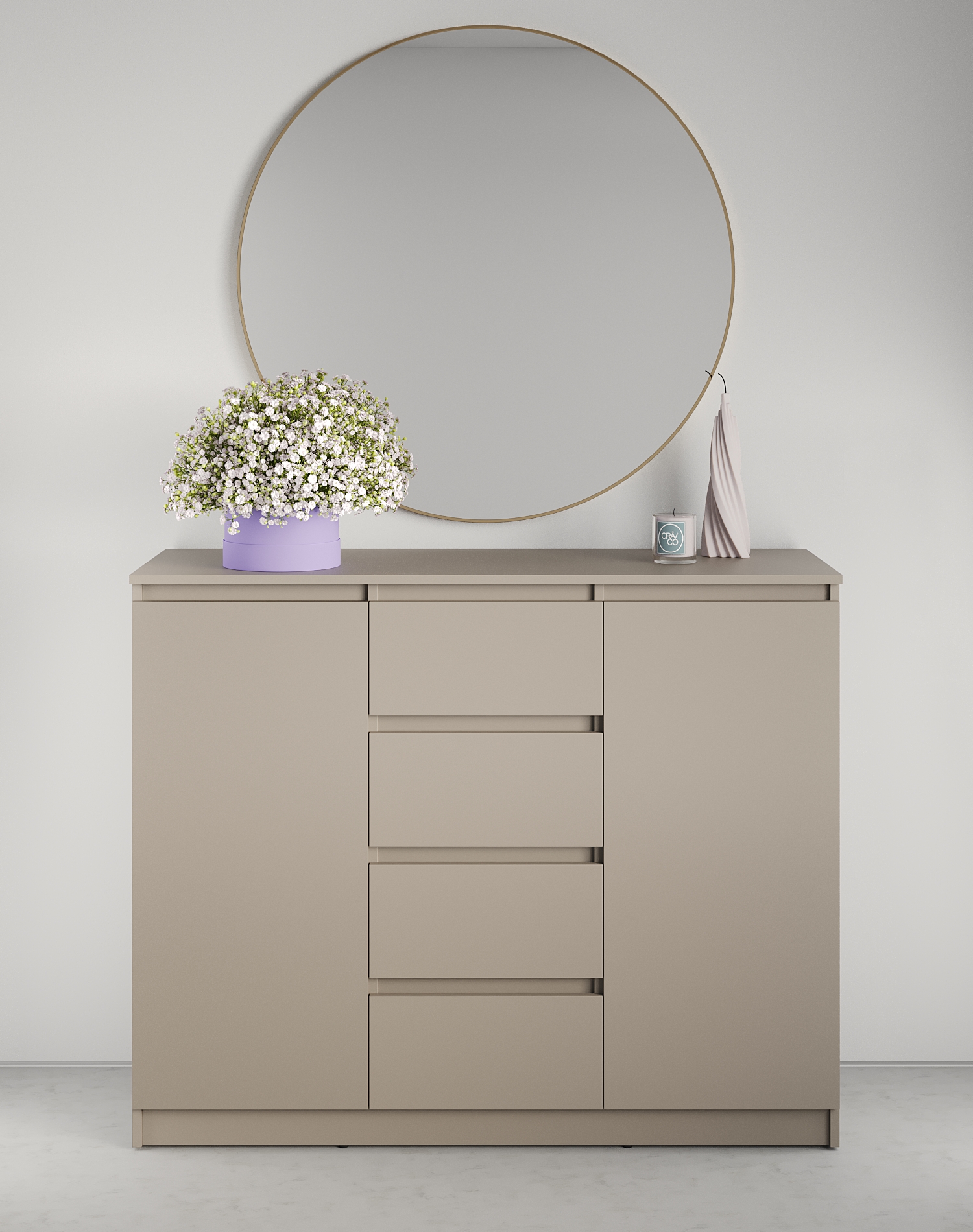 Neo 2D4S Chest of Drawers, 4 Drawers and 2 Doors, PAL Material, 120x43x98 cm, Beige, Telescopic Guides, Minimalist Design