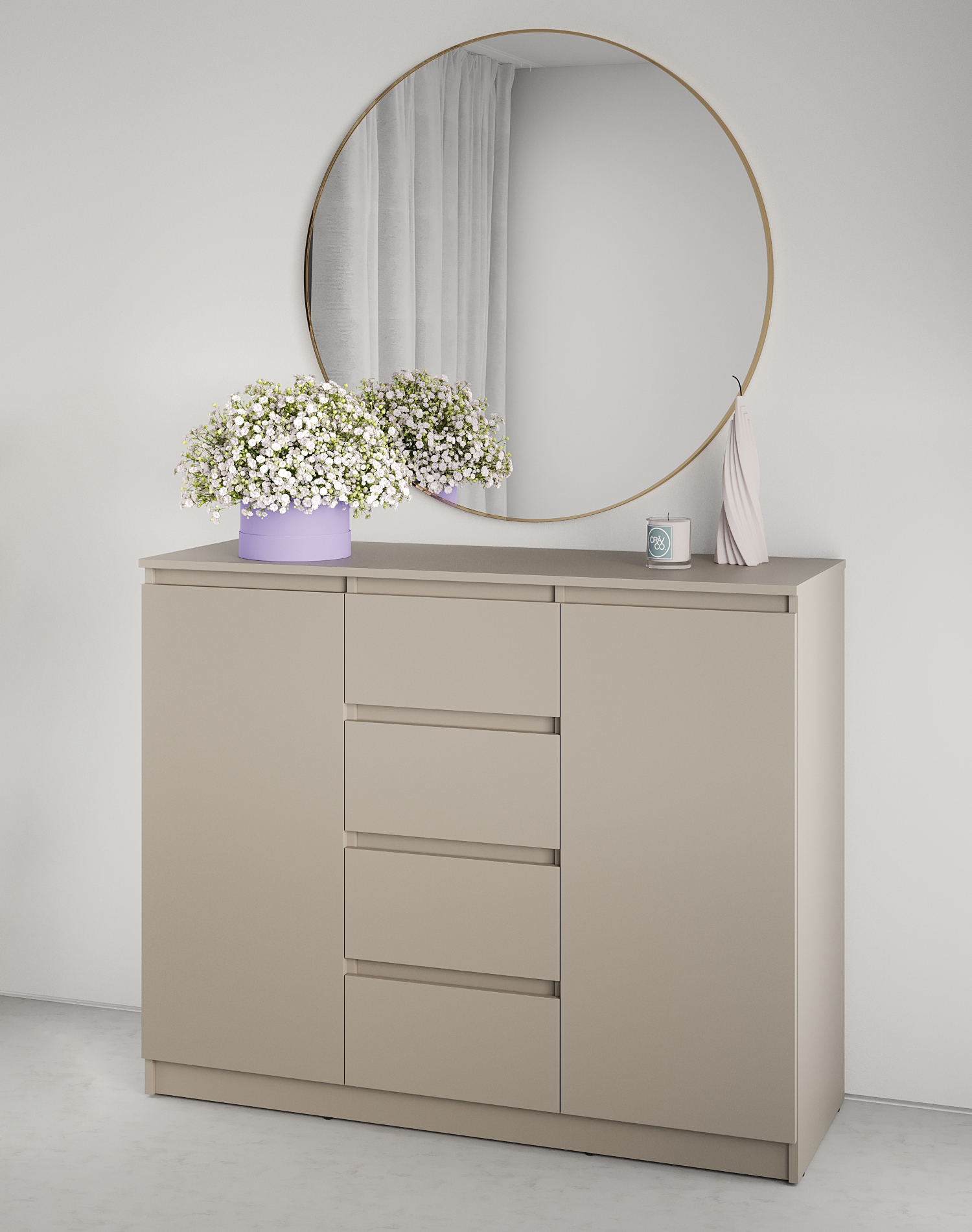 Neo 2D4S Chest of Drawers, 4 Drawers and 2 Doors, PAL Material, 120x43x98 cm, Beige, Telescopic Guides, Minimalist Design