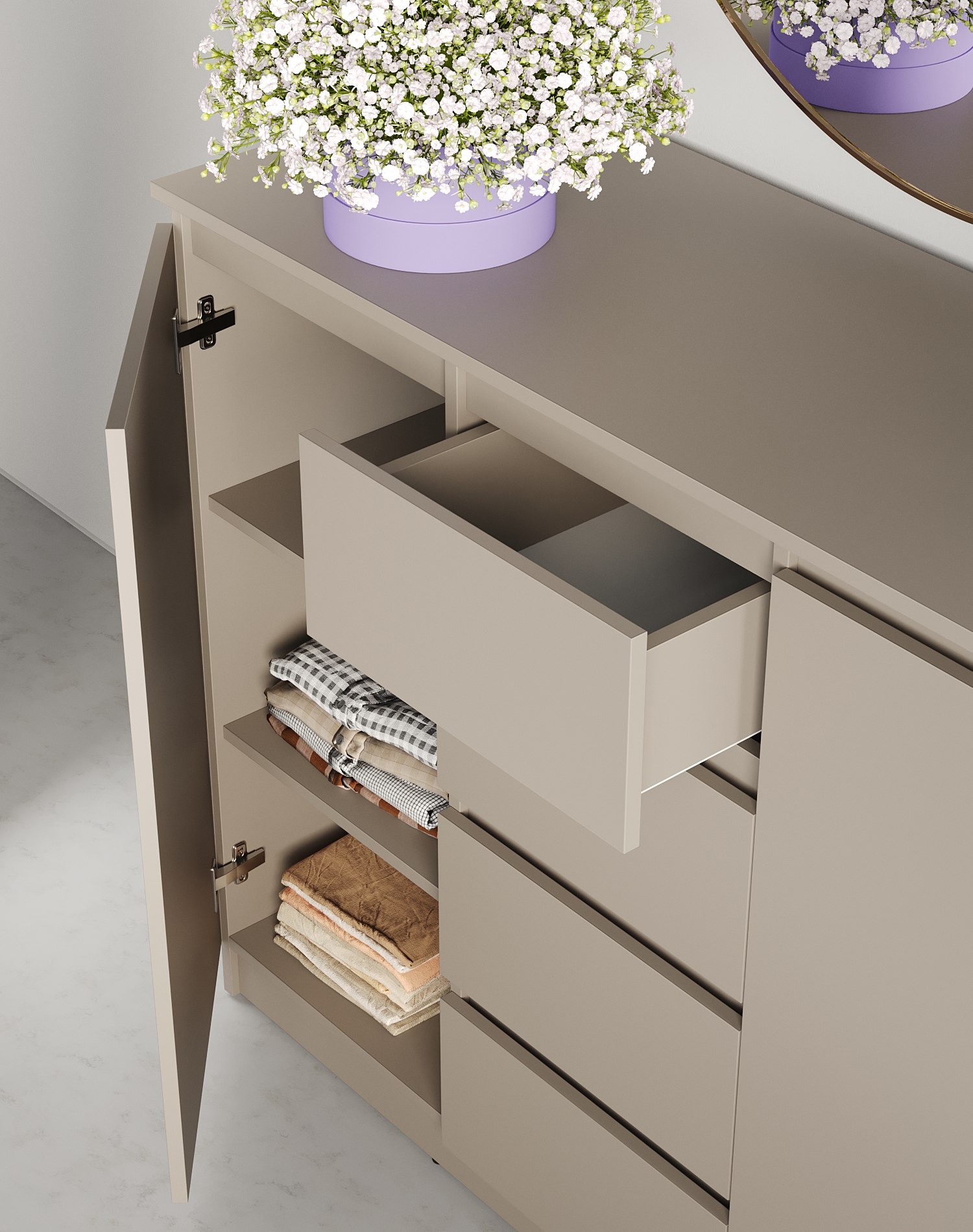 Neo 2D4S Chest of Drawers, 4 Drawers and 2 Doors, PAL Material, 120x43x98 cm, Beige, Telescopic Guides, Minimalist Design