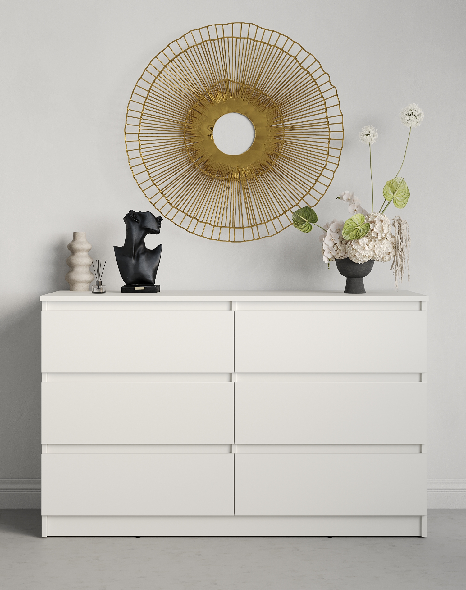 Neo 6S Chest of Drawers, 6 Drawers, White PAL Material, 120x43x75.5 cm, Telescopic Guides, Handle-less Minimalist Design