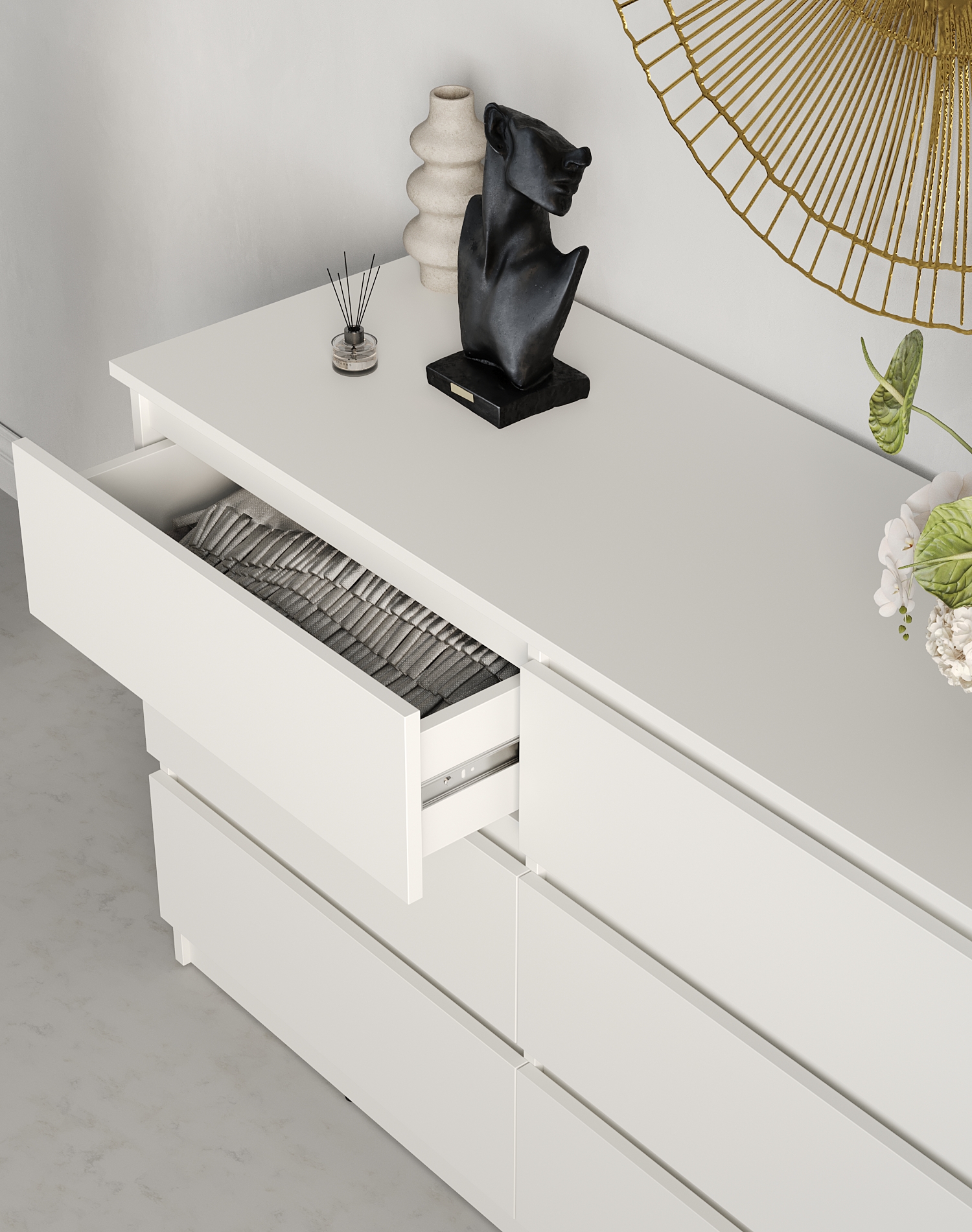 Neo 6S Chest of Drawers, 6 Drawers, White PAL Material, 120x43x75.5 cm, Telescopic Guides, Handle-less Minimalist Design