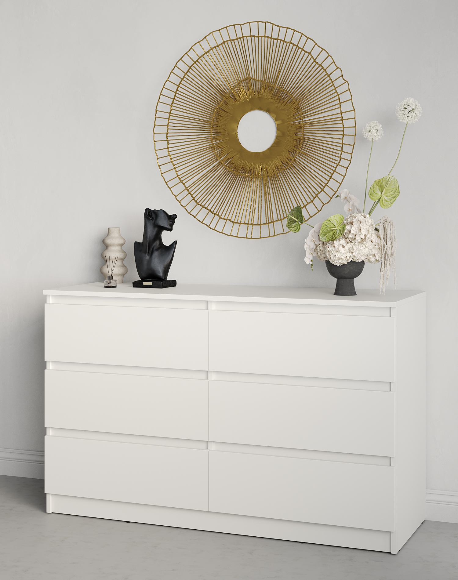 Neo 6S Chest of Drawers, 6 Drawers, White PAL Material, 120x43x75.5 cm, Telescopic Guides, Handle-less Minimalist Design