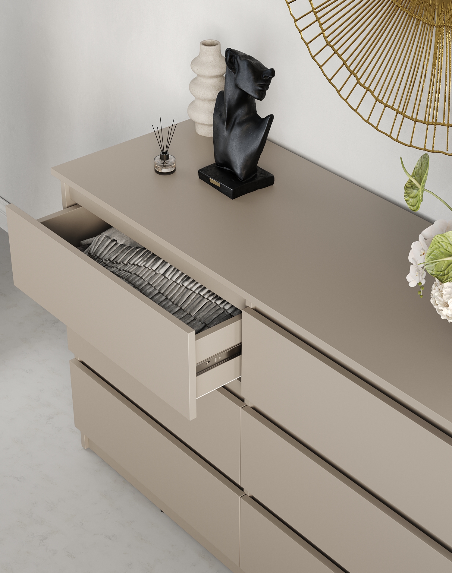 Comoda Neo 6S cu 6 Sertare si Ghidaje Telescopice, PAL, 120x43x75.5 cm, Bej, Design Minimalist