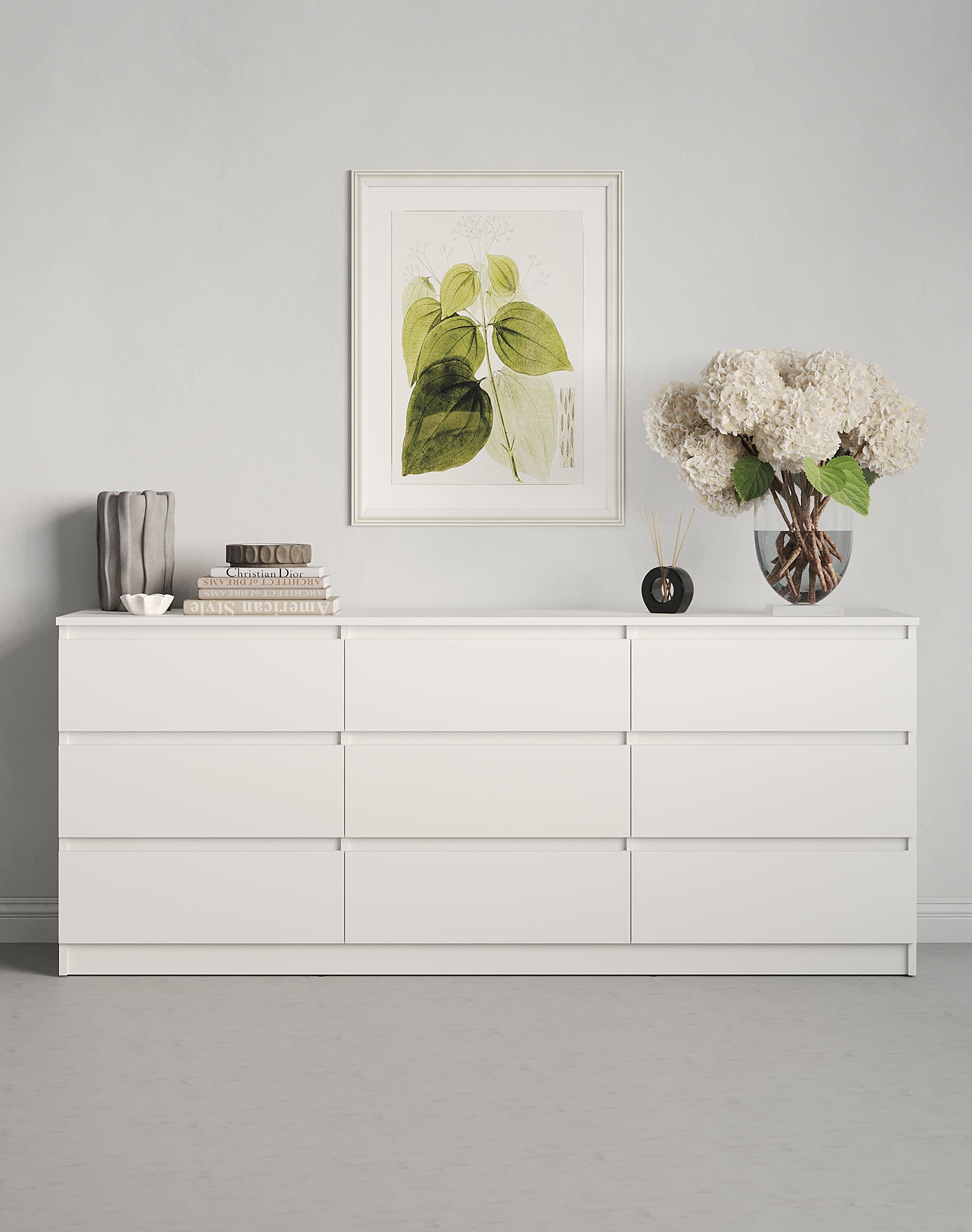 Comoda Neo 9S cu 9 Sertare, PAL Alb, 180x43x75.5 cm, Ghidaje Telescopice, Design Minimalist pentru Dormitor si Sufragerie