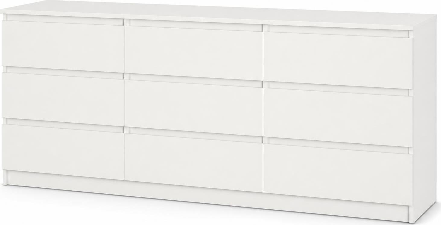 Comoda Neo 9S cu 9 Sertare, PAL Alb, 180x43x75.5 cm, Ghidaje Telescopice, Design Minimalist pentru Dormitor si Sufragerie