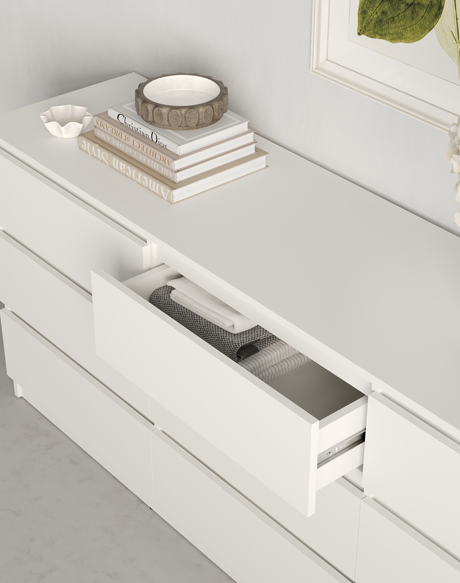 Comoda Neo 9S cu 9 Sertare, PAL Alb, 180x43x75.5 cm, Ghidaje Telescopice, Design Minimalist pentru Dormitor si Sufragerie