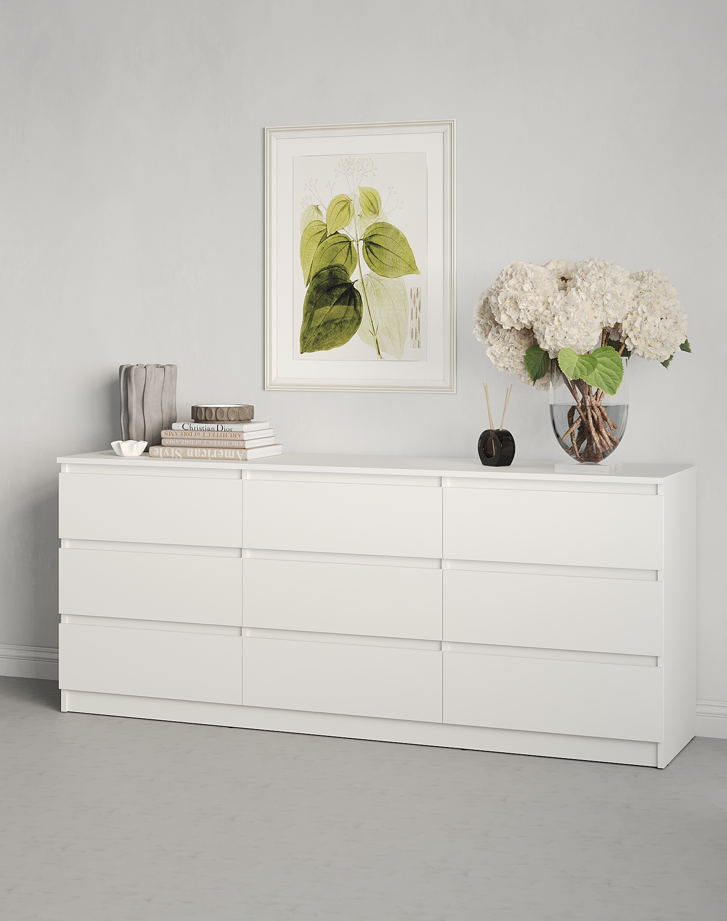Comoda Neo 9S cu 9 Sertare, PAL Alb, 180x43x75.5 cm, Ghidaje Telescopice, Design Minimalist pentru Dormitor si Sufragerie
