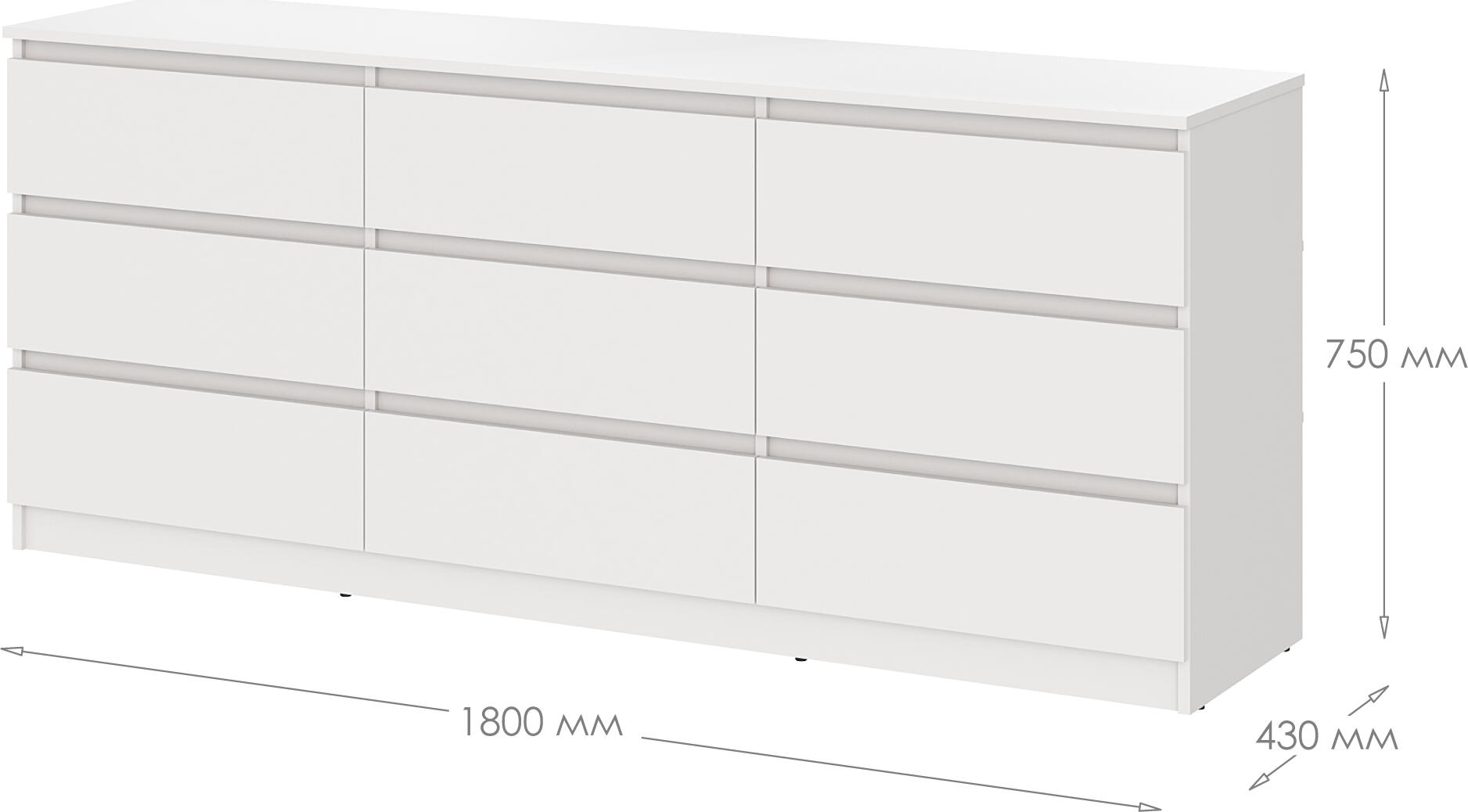 Comoda Neo 9S cu 9 Sertare, PAL Alb, 180x43x75.5 cm, Ghidaje Telescopice, Design Minimalist pentru Dormitor si Sufragerie