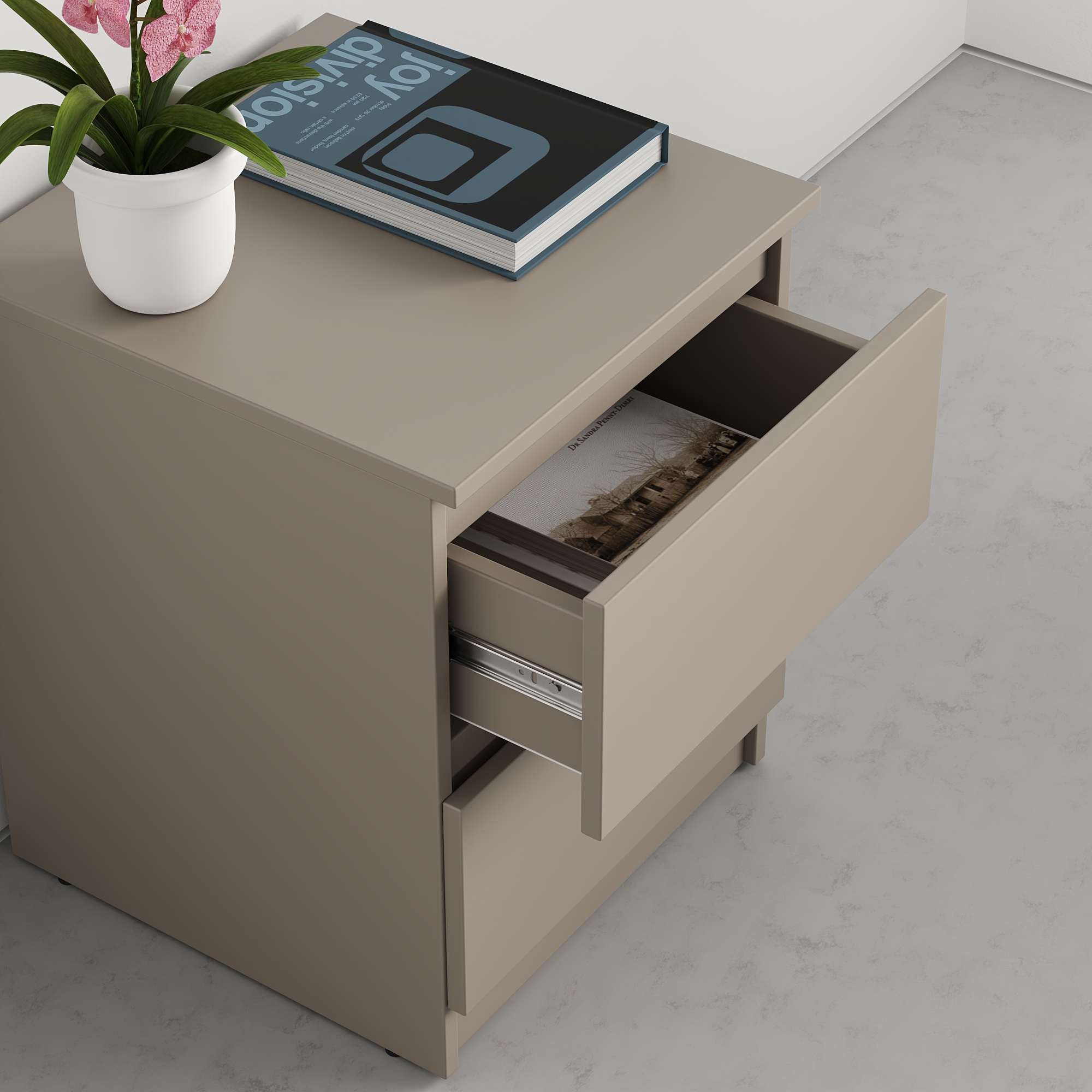 Neo Nightstand Beige, 2 Drawers with Telescopic Guides, PAL Material, 40x43x53 cm, Minimalist Style, mbs-1184