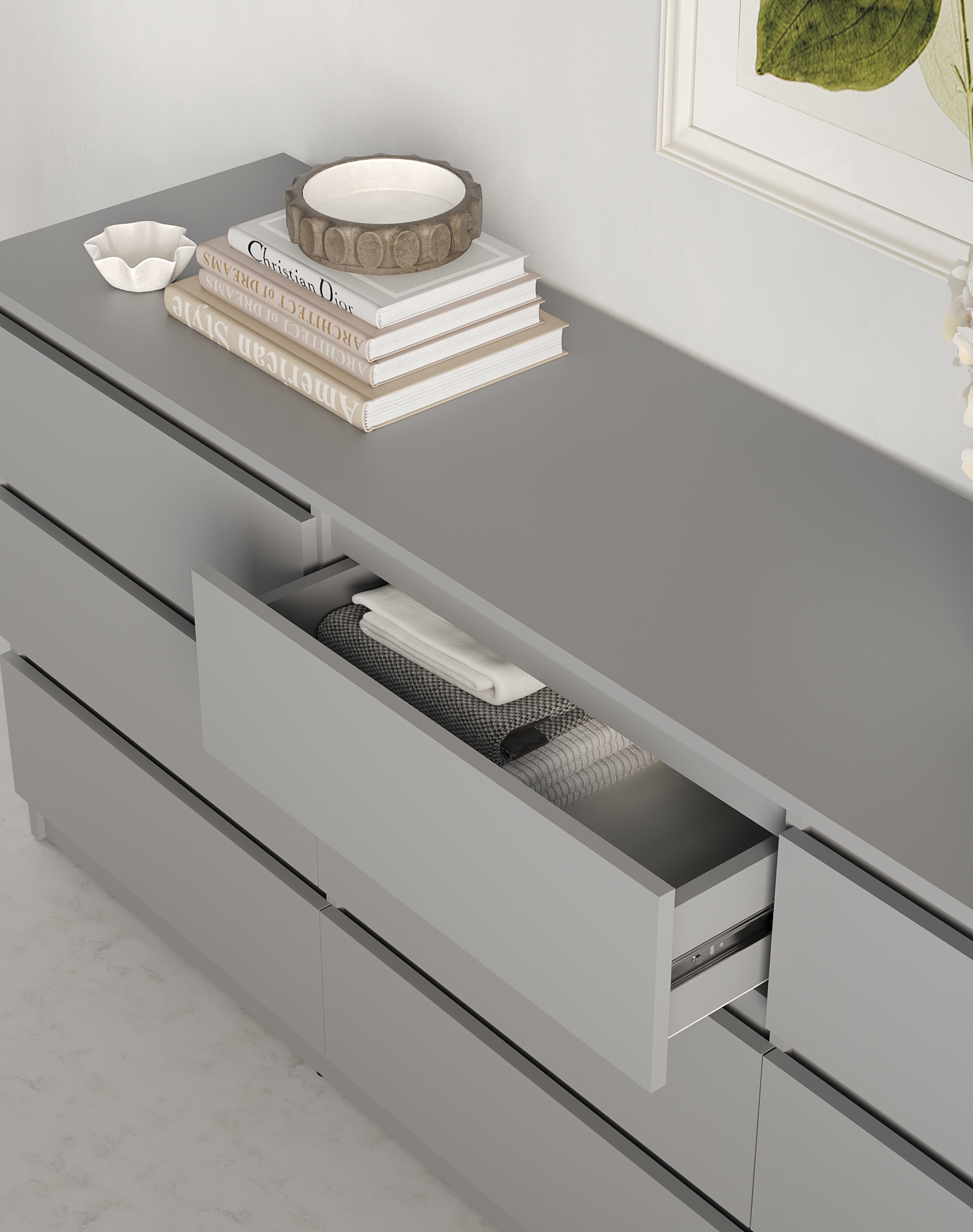 Neo 9S Chest of Drawers, 9 Drawers with Telescopic Guides, PAL Material, Grey, 180x43x75.5 cm, Minimalist Handle-less Design