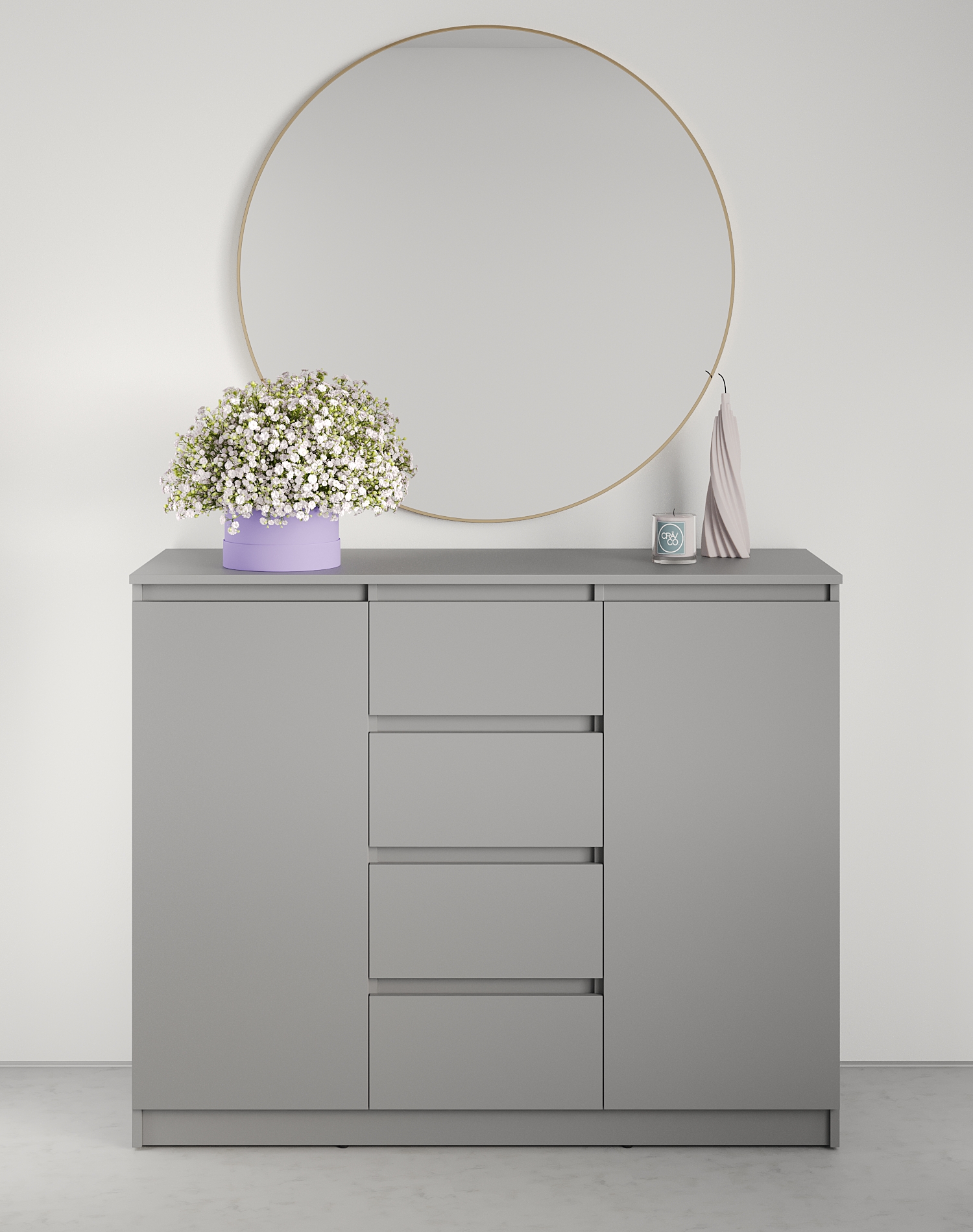Neo 2D4S Chest of Drawers, 120x43x98 cm, 4 Drawers and 2 Doors, Grey PAL Material, Telescopic Guides, Minimalist Bedroom and Living Room Furniture