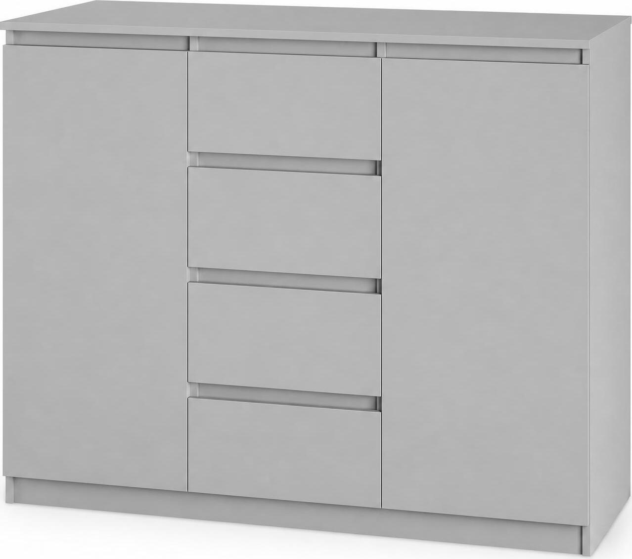 Neo 2D4S Chest of Drawers, 120x43x98 cm, 4 Drawers and 2 Doors, Grey PAL Material, Telescopic Guides, Minimalist Bedroom and Living Room Furniture