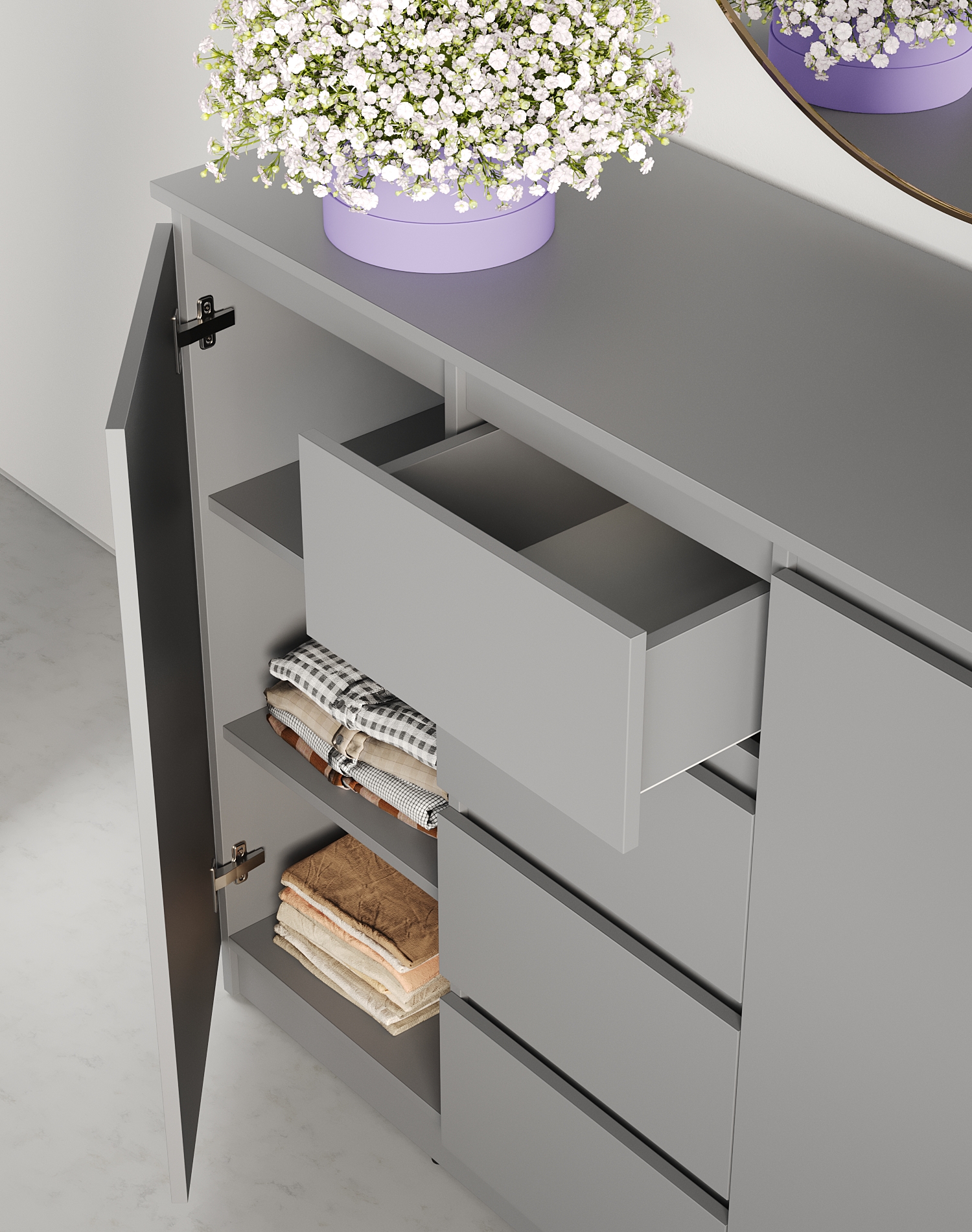 Neo 2D4S Chest of Drawers, 120x43x98 cm, 4 Drawers and 2 Doors, Grey PAL Material, Telescopic Guides, Minimalist Bedroom and Living Room Furniture