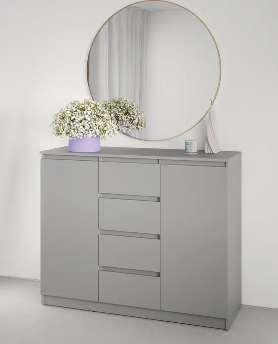 Neo 2D4S Chest of Drawers, 120x43x98 cm, 4 Drawers and 2 Doors, Grey PAL Material, Telescopic Guides, Minimalist Bedroom and Living Room Furniture