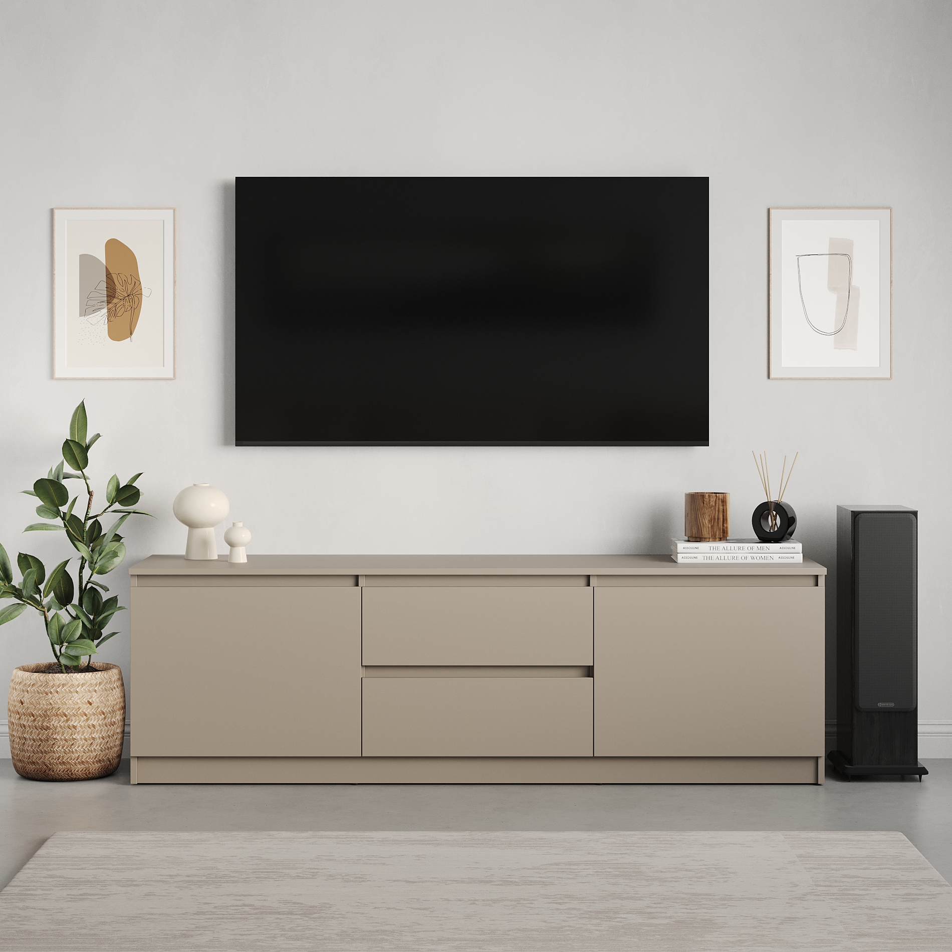 Comoda TV Neo 2D2S, 150x43x53 cm, Material PAL, 2 Sertare si 2 Usi, Ghidaje Telescopice, Bej, Stil Minimalist