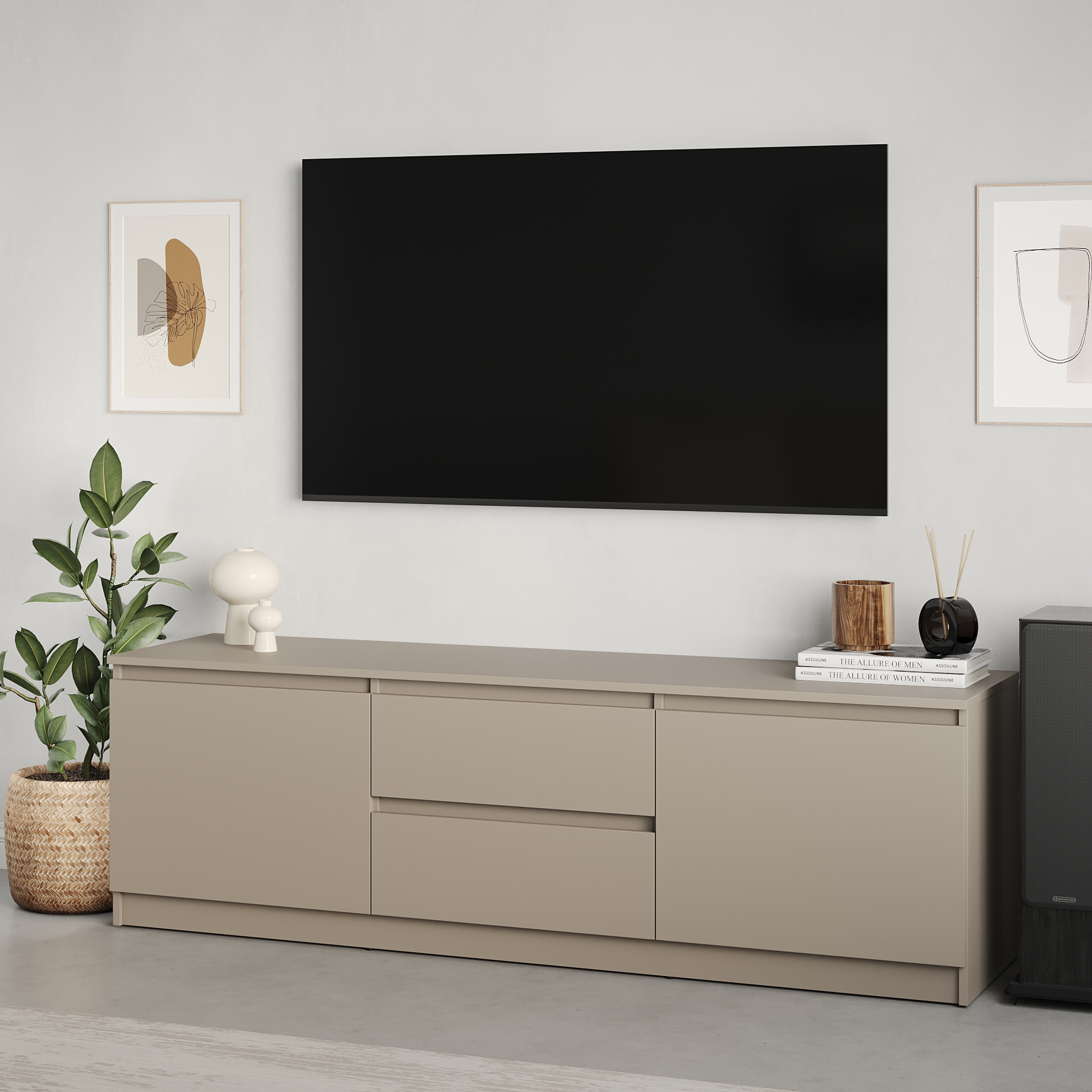 Comoda TV Neo 2D2S, 150x43x53 cm, Material PAL, 2 Sertare si 2 Usi, Ghidaje Telescopice, Bej, Stil Minimalist