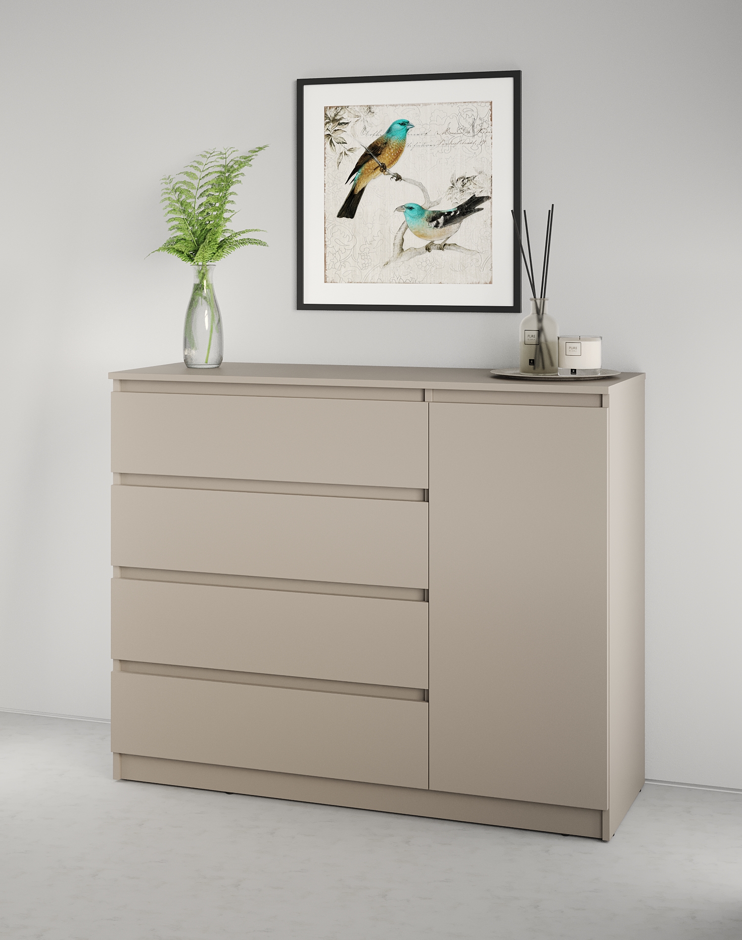 Комод Neo 1D4S, 120x43x98 см, 4 ящика и 1 дверь, ДСП, Бежевый, Телескопические направляющие, Без ручек, Стиль Минимализм