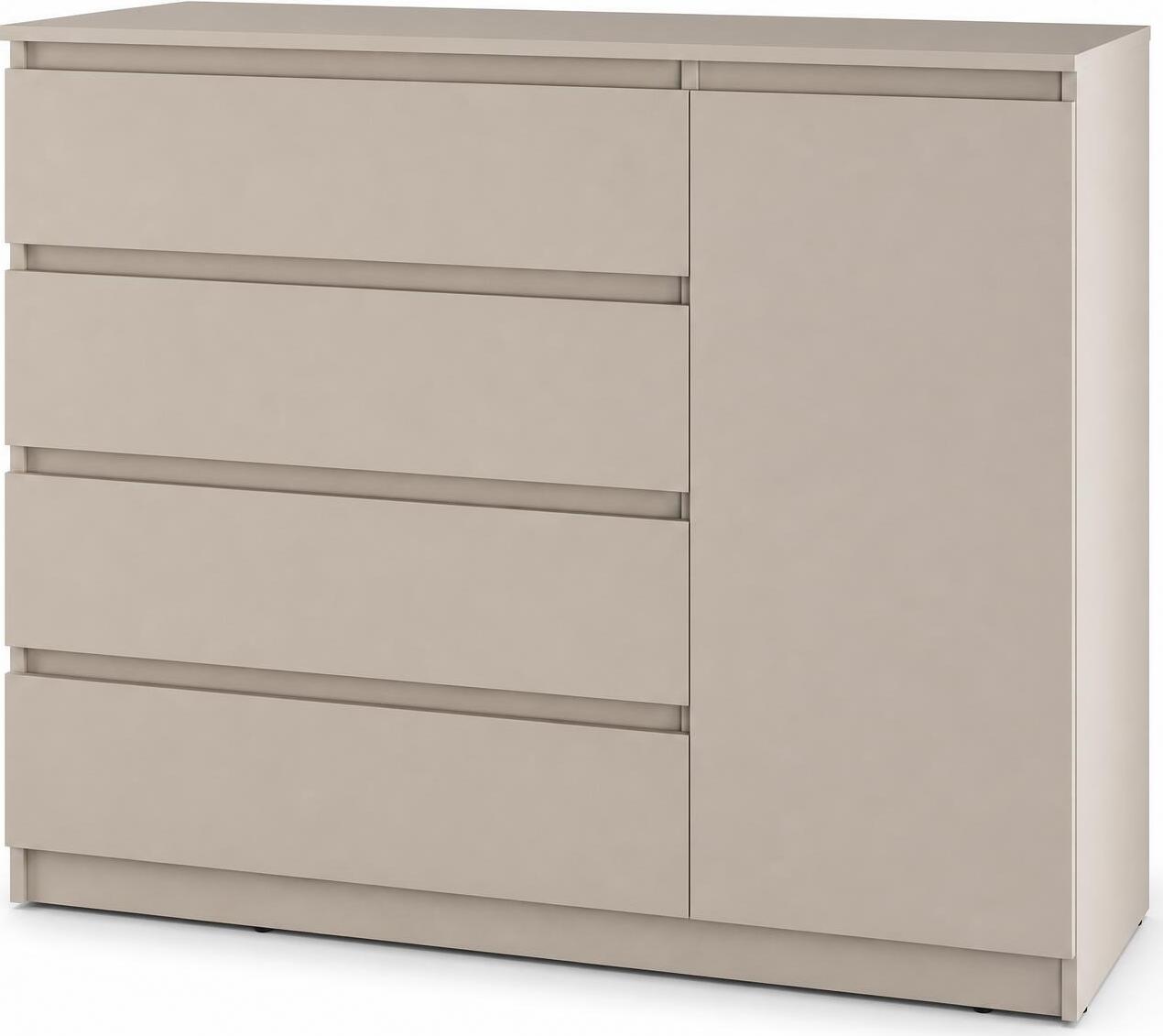 Комод Neo 1D4S, 120x43x98 см, 4 ящика и 1 дверь, ДСП, Бежевый, Телескопические направляющие, Без ручек, Стиль Минимализм