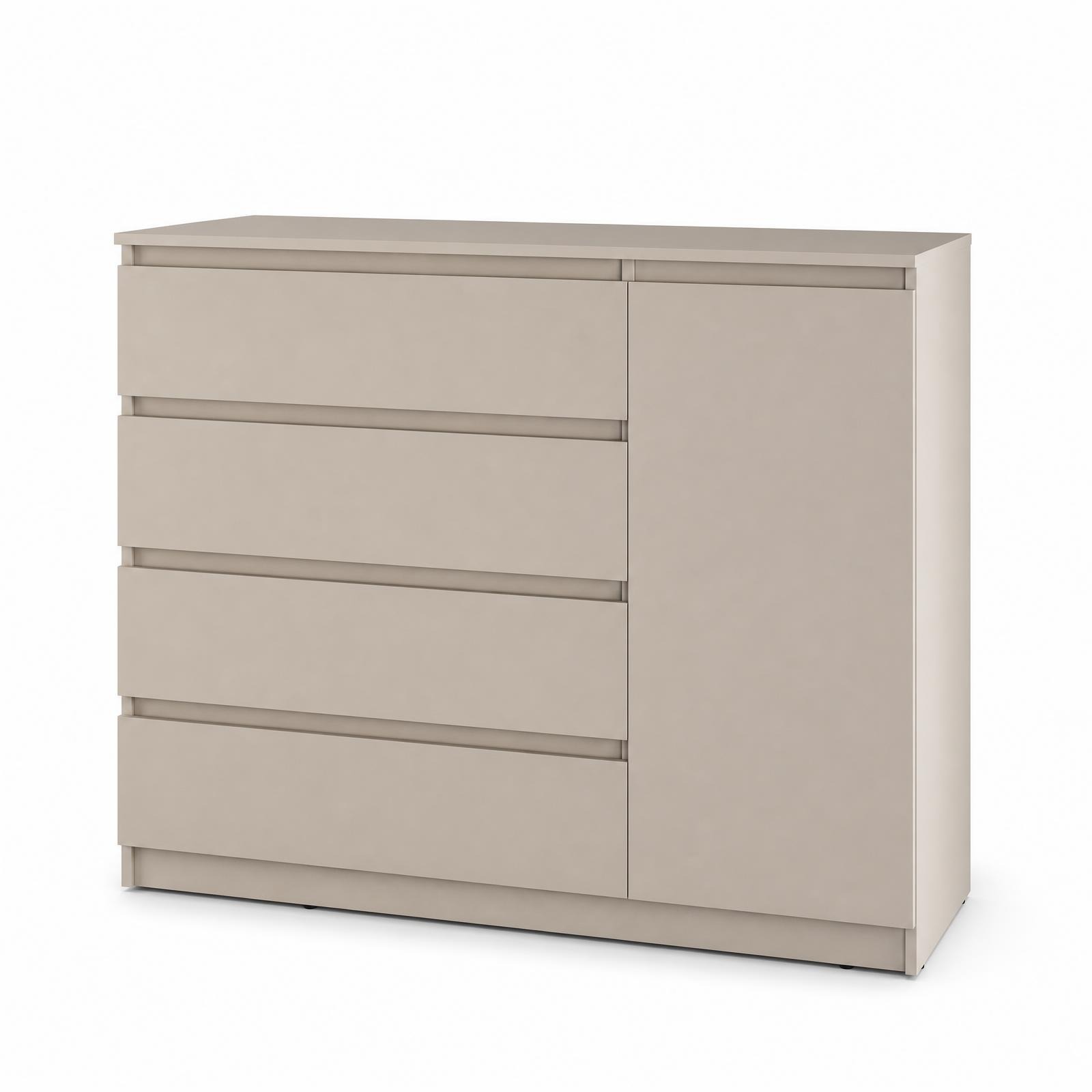 Комод Neo 1D4S, 120x43x98 см, 4 ящика и 1 дверь, ДСП, Бежевый, Телескопические направляющие, Без ручек, Стиль Минимализм
