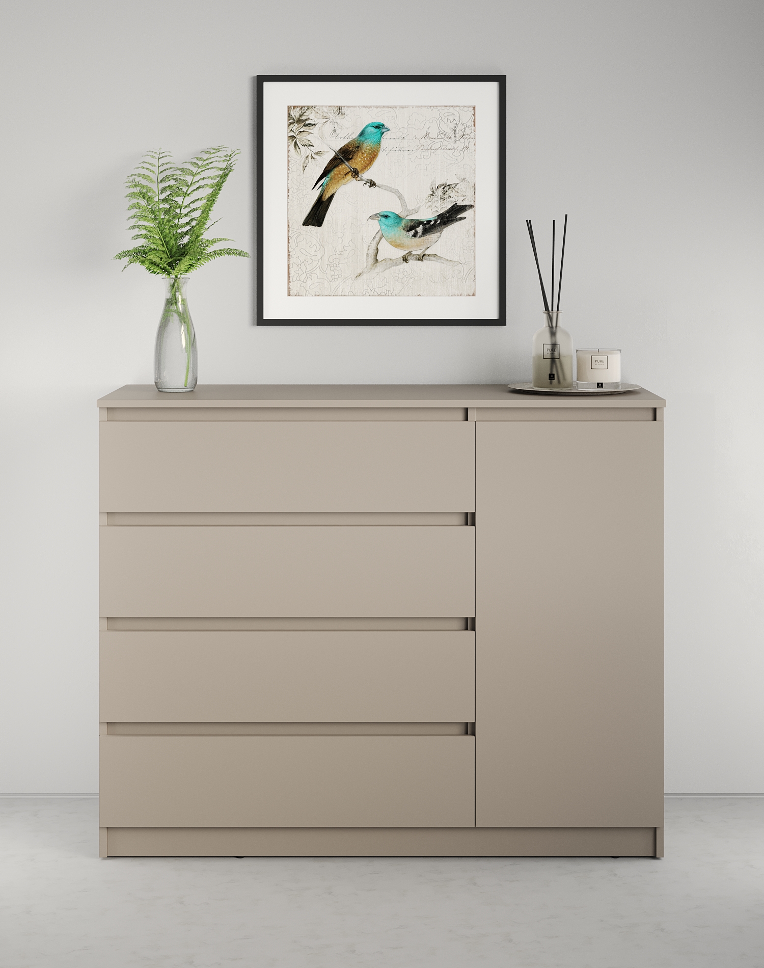 Комод Neo 1D4S, 120x43x98 см, 4 ящика и 1 дверь, ДСП, Бежевый, Телескопические направляющие, Без ручек, Стиль Минимализм