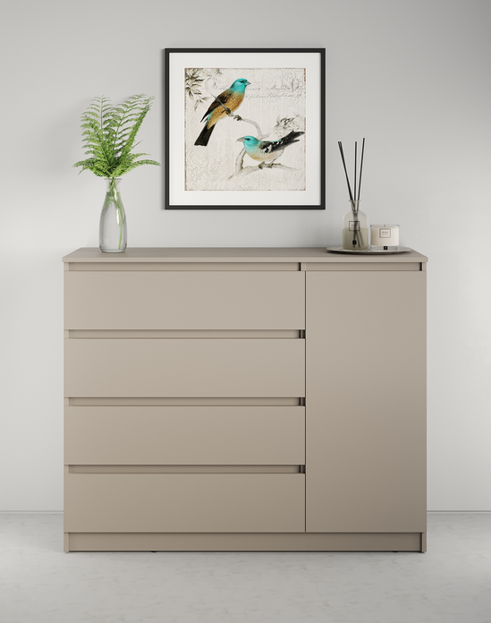 Комод Neo 1D4S, 120x43x98 см, 4 ящика и 1 дверь, ДСП, Бежевый, Телескопические направляющие, Без ручек, Стиль Минимализм
