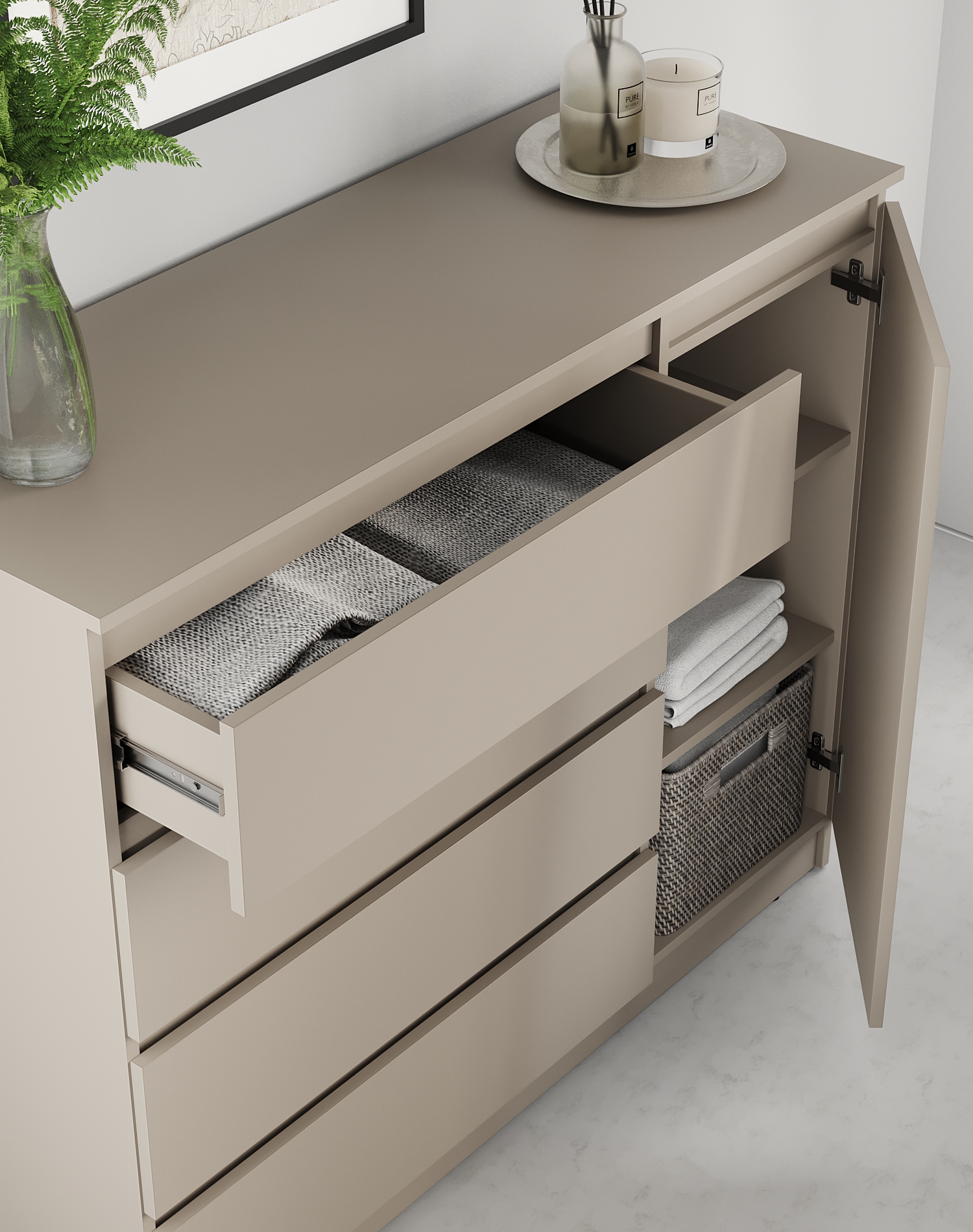 Комод Neo 1D4S, 120x43x98 см, 4 ящика и 1 дверь, ДСП, Бежевый, Телескопические направляющие, Без ручек, Стиль Минимализм