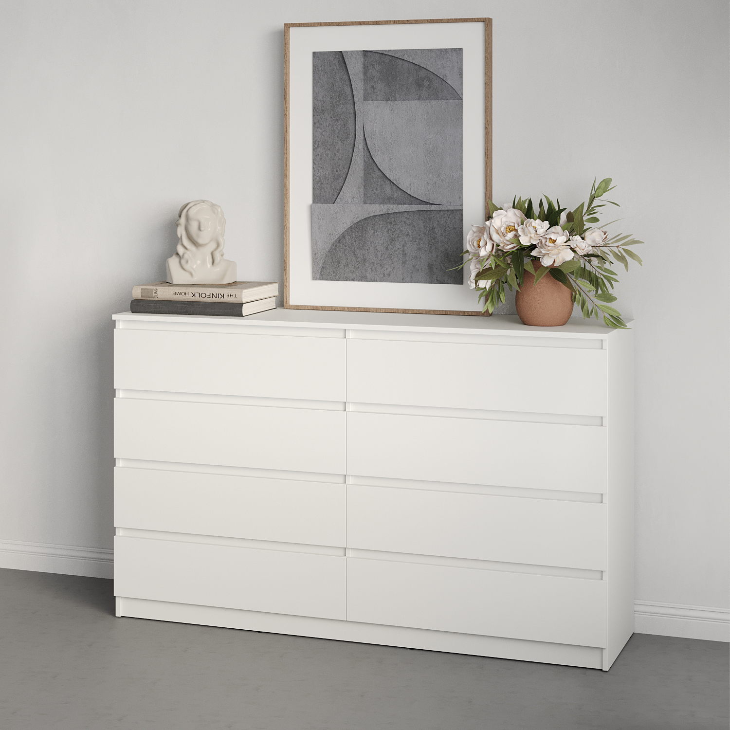 Neo 8S Chest of Drawers, 8 Drawers with Telescopic Guides, White Particle Board, 160x43x98 cm, Minimalist Handle-less Design