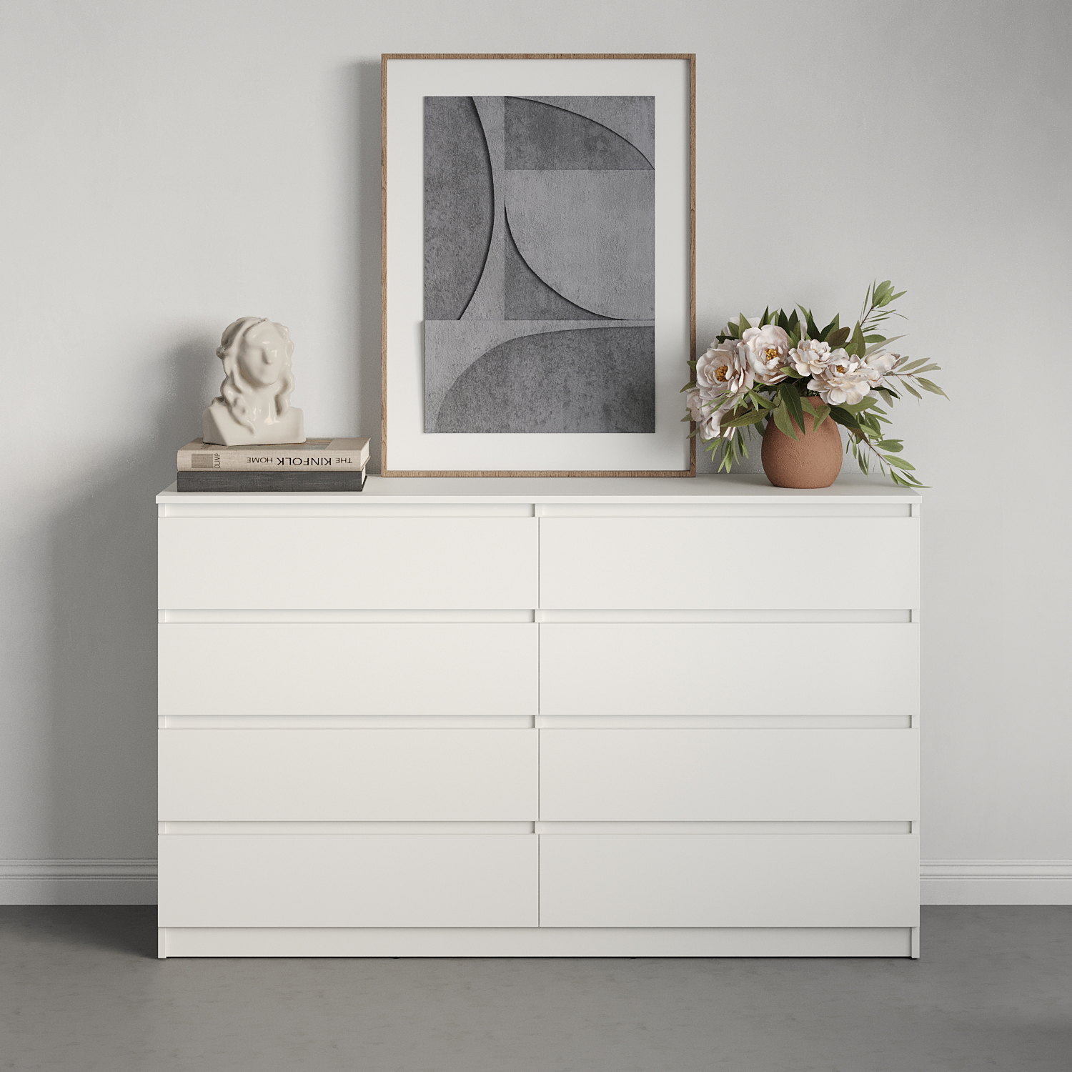 Neo 8S Chest of Drawers, 8 Drawers with Telescopic Guides, White Particle Board, 160x43x98 cm, Minimalist Handle-less Design
