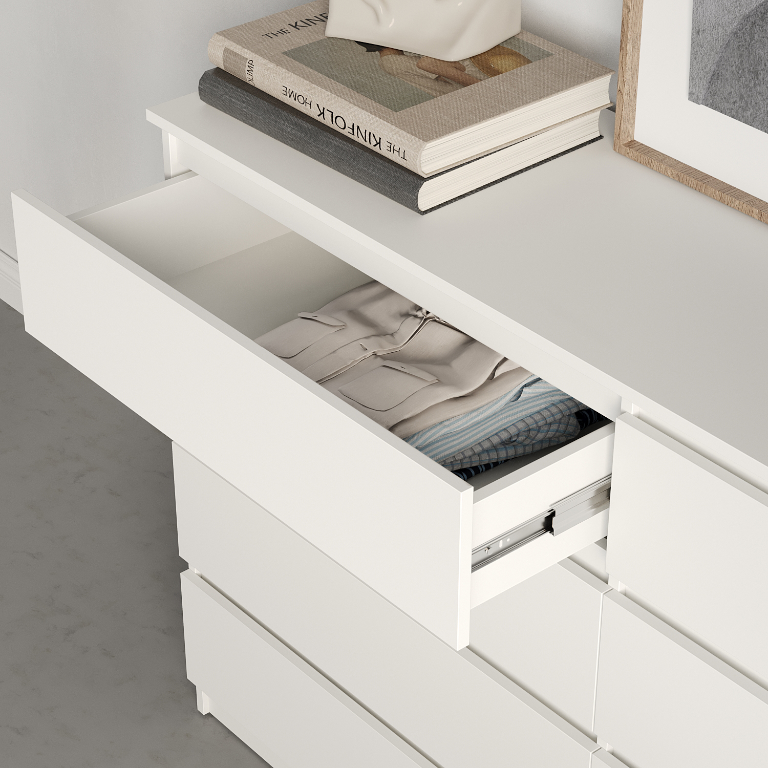 Neo 8S Chest of Drawers, 8 Drawers with Telescopic Guides, White Particle Board, 160x43x98 cm, Minimalist Handle-less Design