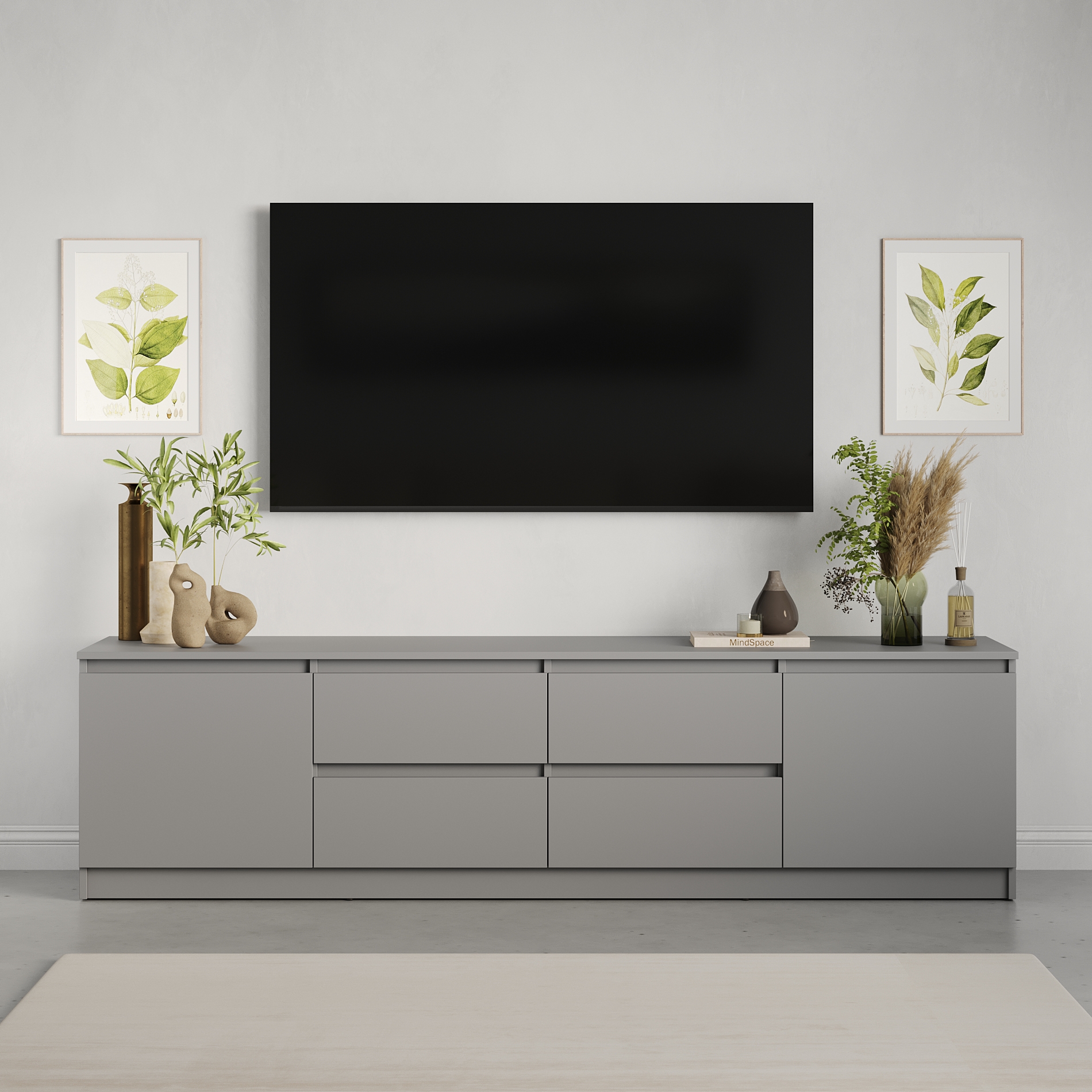 Comoda TV Neo 2D4S, Unitate Media 200x43x53 cm, PAL Gri, 4 Sertare si 2 Usi cu Ghidaje Telescopice, Mobilier Living Stil Minimalist
