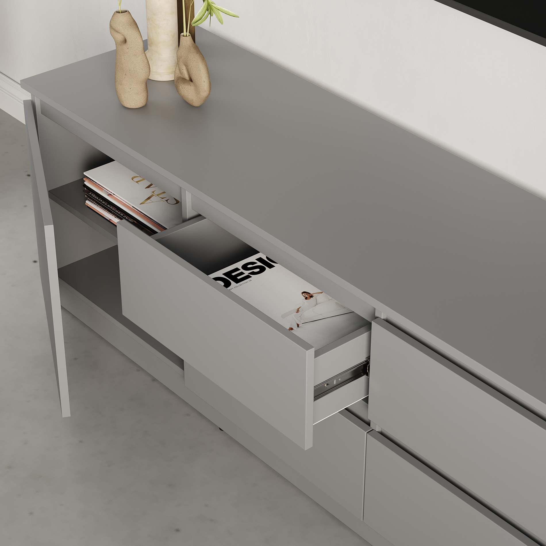 Comoda TV Neo 2D4S, Unitate Media 200x43x53 cm, PAL Gri, 4 Sertare si 2 Usi cu Ghidaje Telescopice, Mobilier Living Stil Minimalist