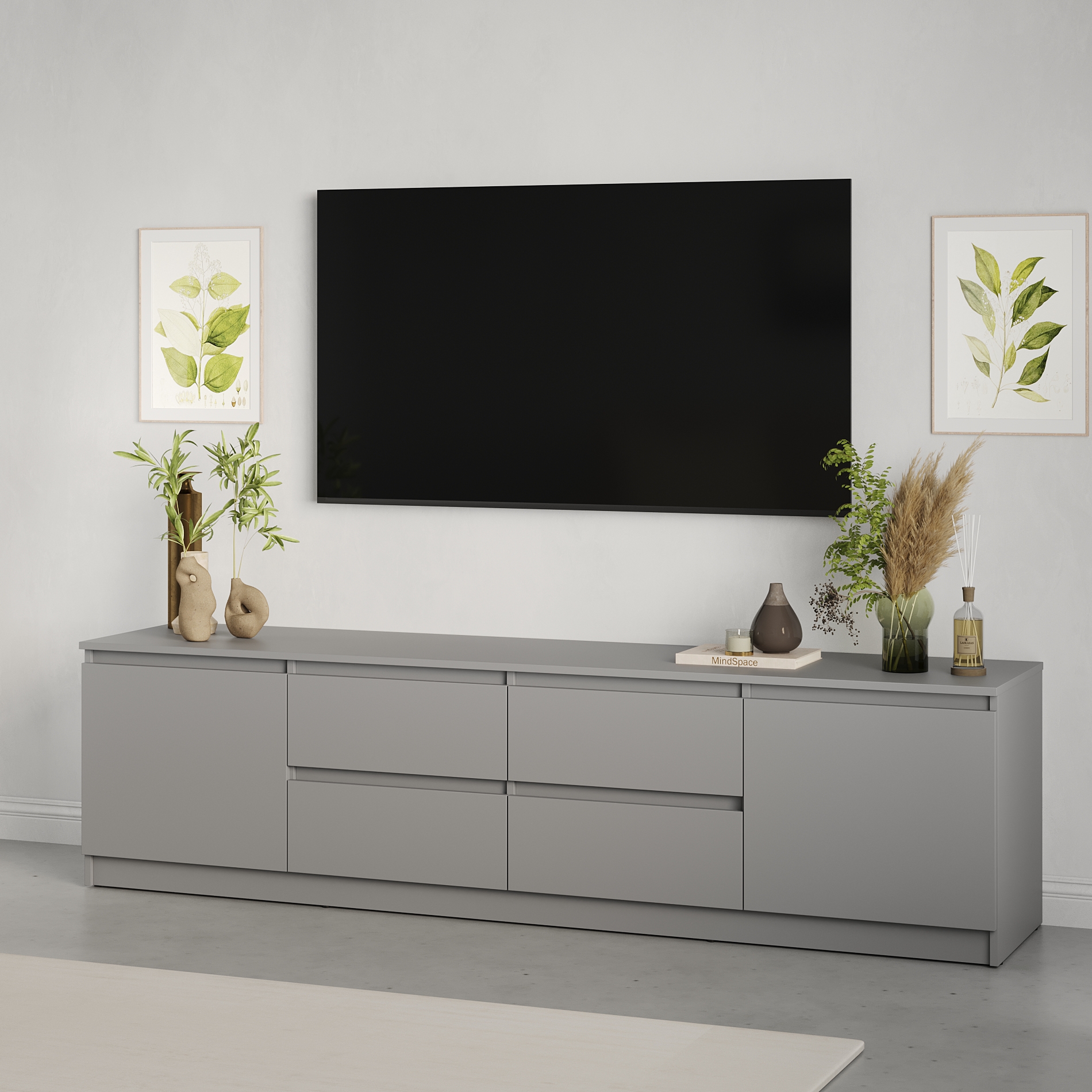 Comoda TV Neo 2D4S, Unitate Media 200x43x53 cm, PAL Gri, 4 Sertare si 2 Usi cu Ghidaje Telescopice, Mobilier Living Stil Minimalist