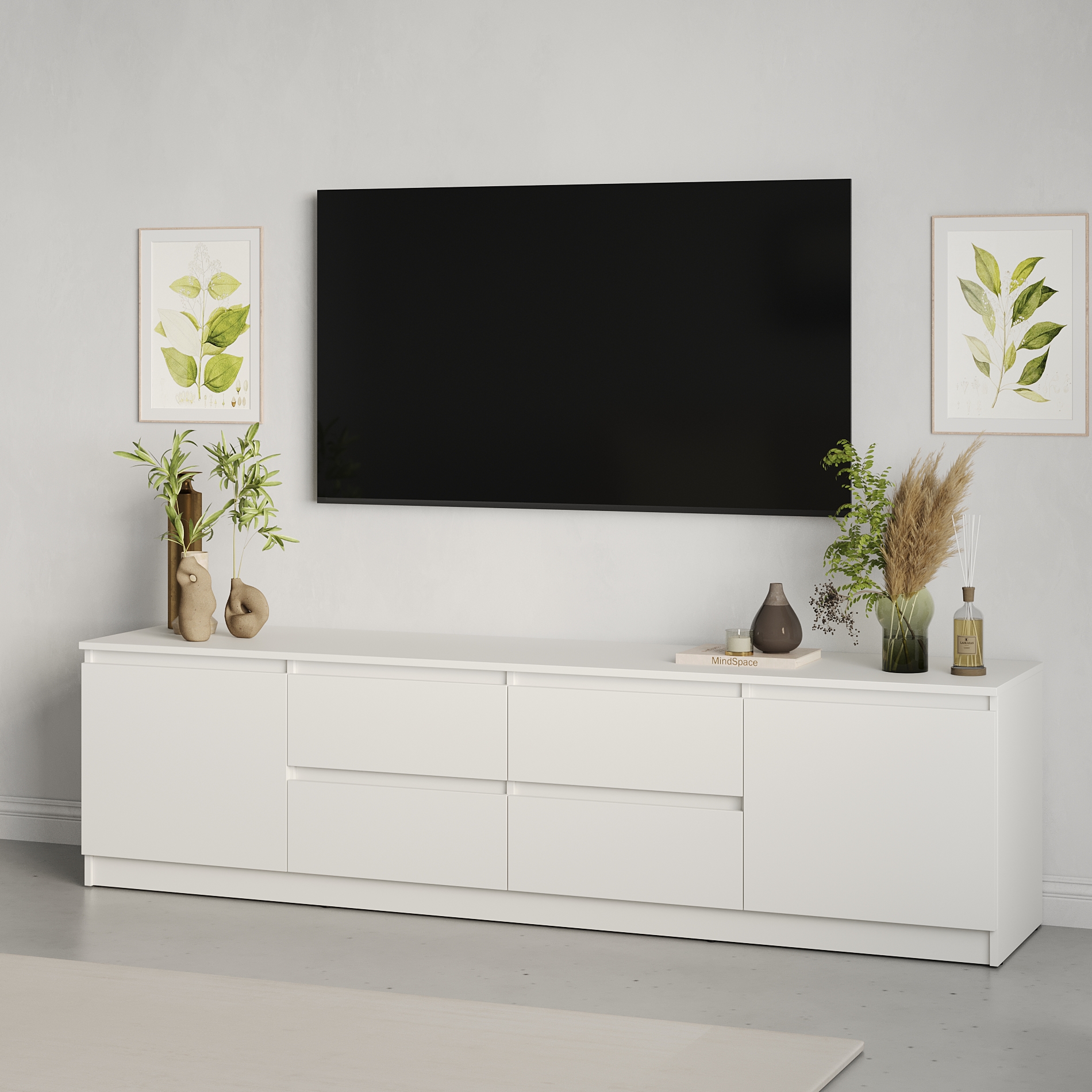 Neo 2D4S TV Stand, 200x43x53 cm, White Particle Board, 4 Drawers and 2 Doors, Telescopic Guides, Minimalist Living Room Furniture