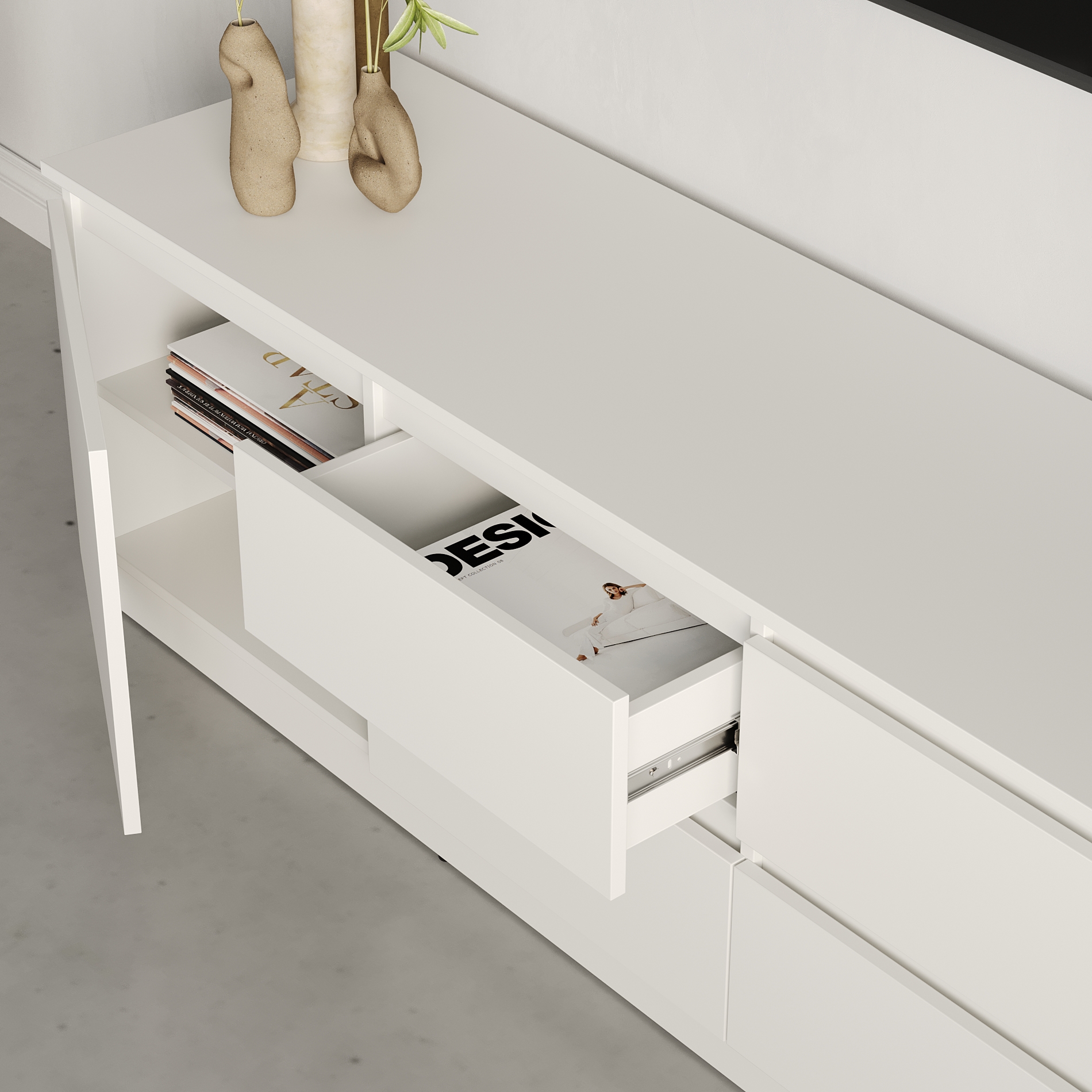 Neo 2D4S TV Stand, 200x43x53 cm, White Particle Board, 4 Drawers and 2 Doors, Telescopic Guides, Minimalist Living Room Furniture
