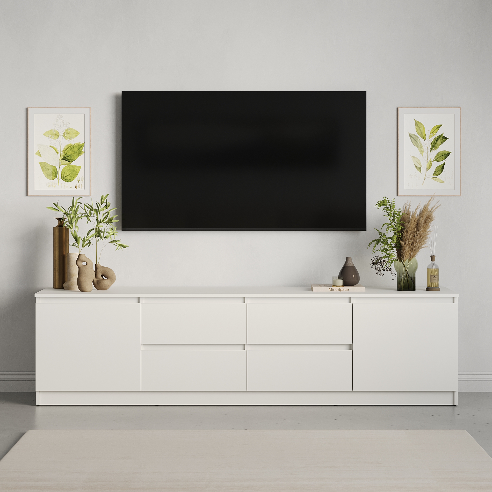 Neo 2D4S TV Stand, 200x43x53 cm, White Particle Board, 4 Drawers and 2 Doors, Telescopic Guides, Minimalist Living Room Furniture