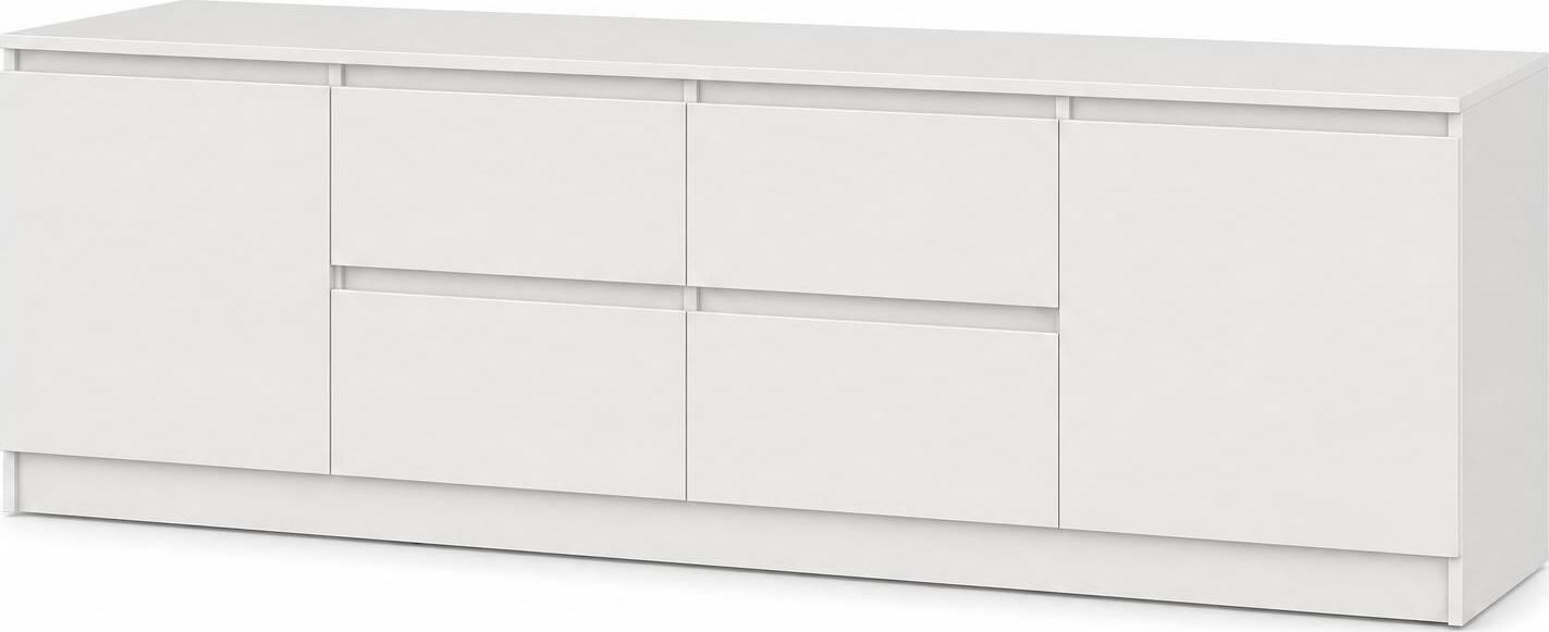 Neo 2D4S TV Stand, 200x43x53 cm, White Particle Board, 4 Drawers and 2 Doors, Telescopic Guides, Minimalist Living Room Furniture