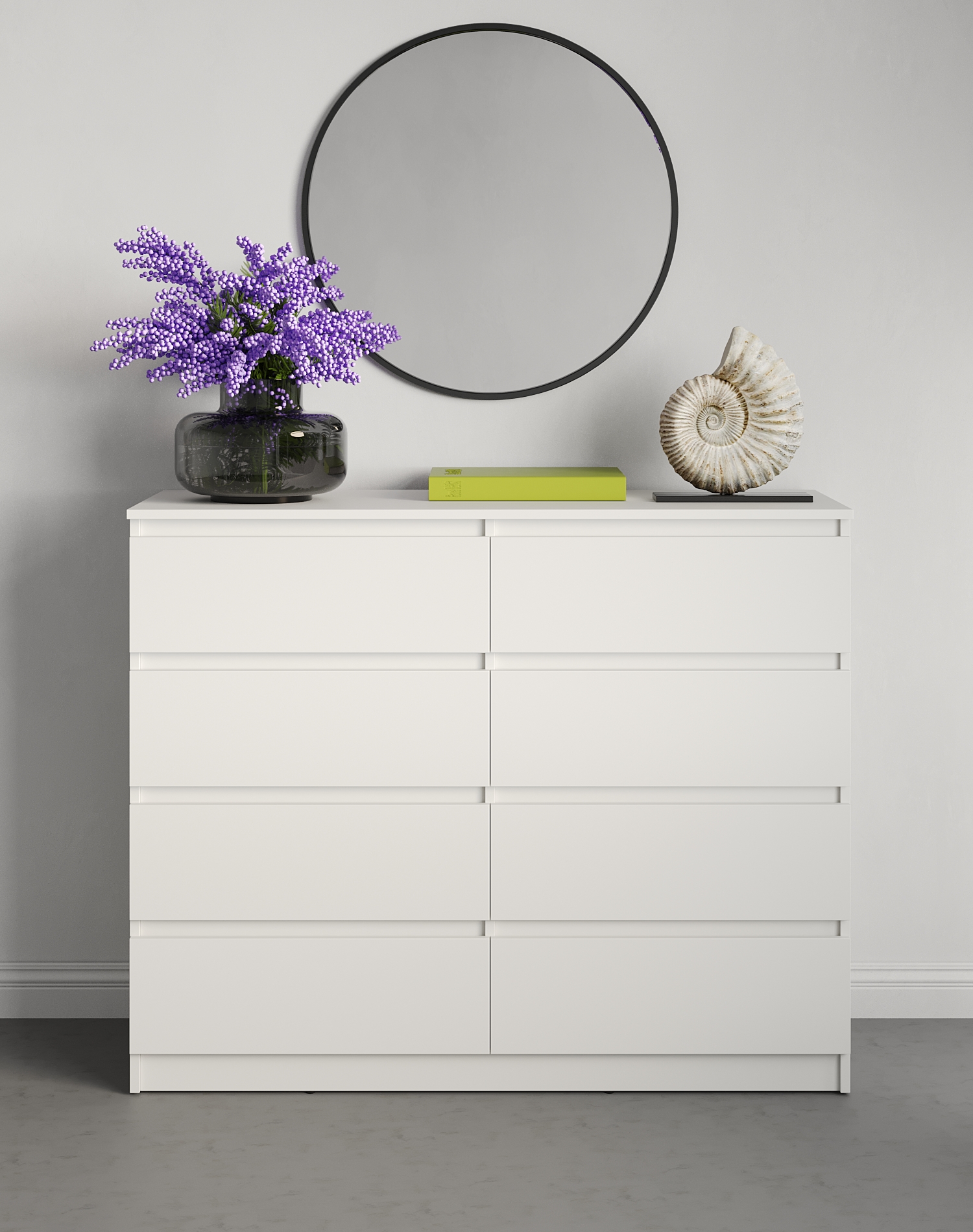 Neo 8S Chest of Drawers, 8 Drawers with Telescopic Guides, PAL Material, 120x43x98 cm, White, Minimalist Handle-less Design